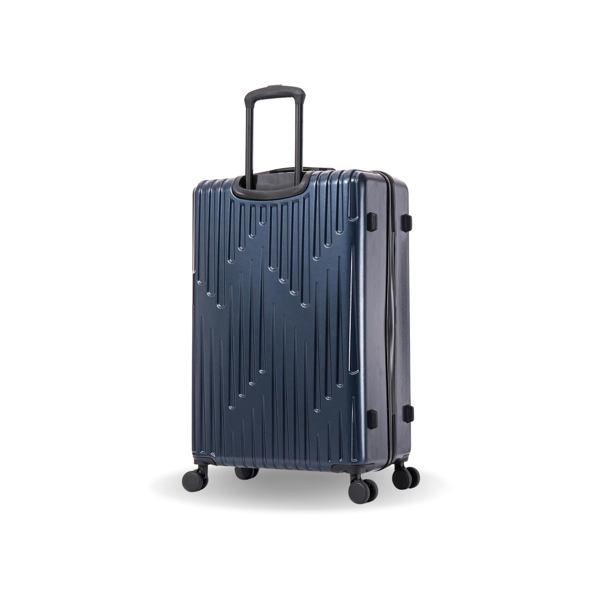 Blue suitcase with a textured surface on a white background