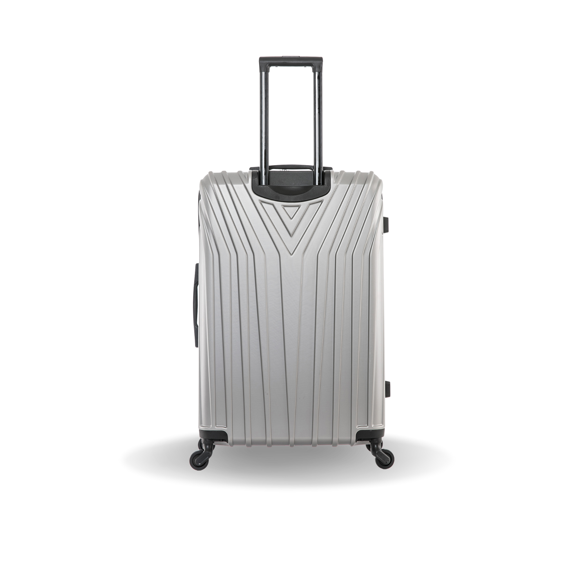 Silver suitcase with a black handle on a white background