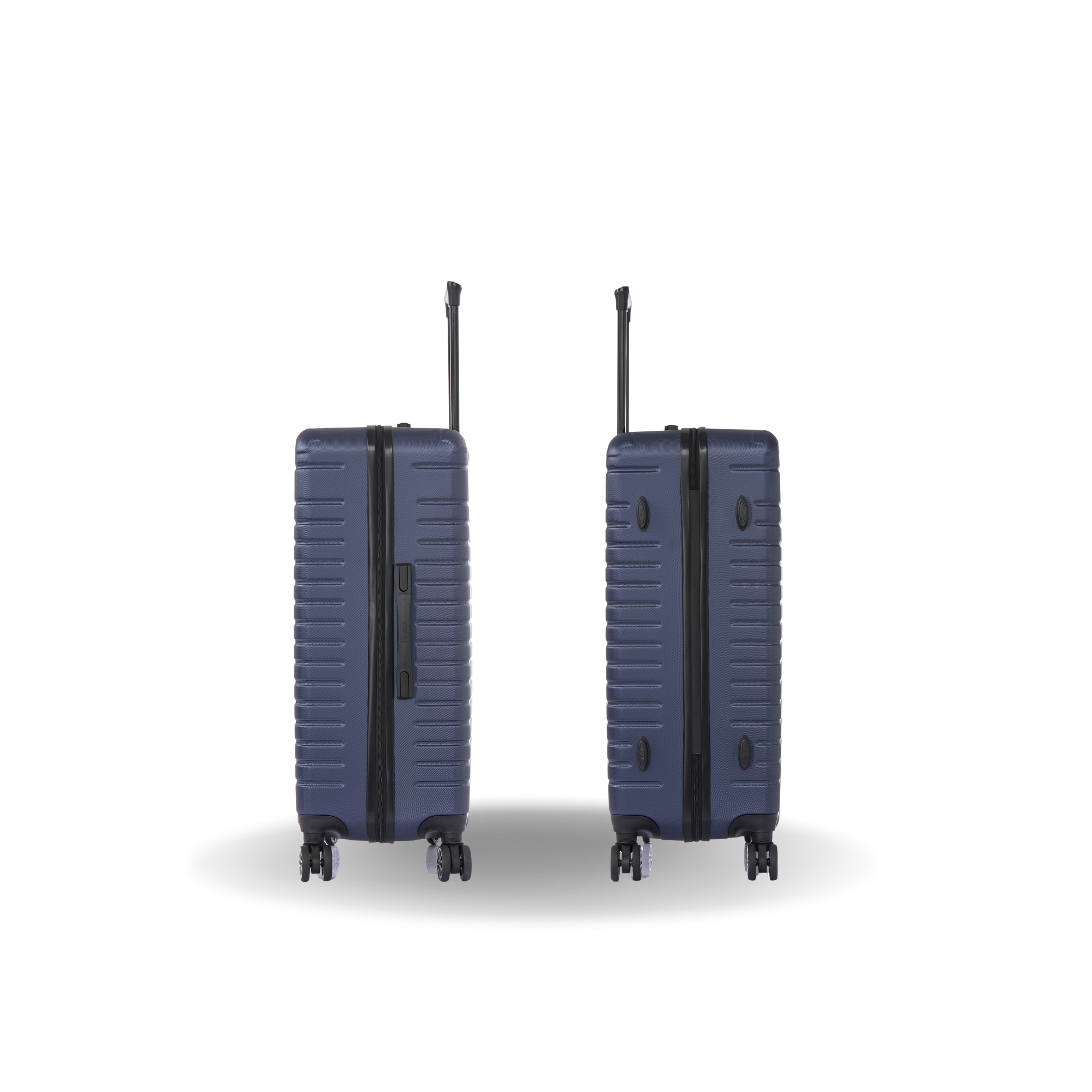 Two navy blue suitcases on a white background