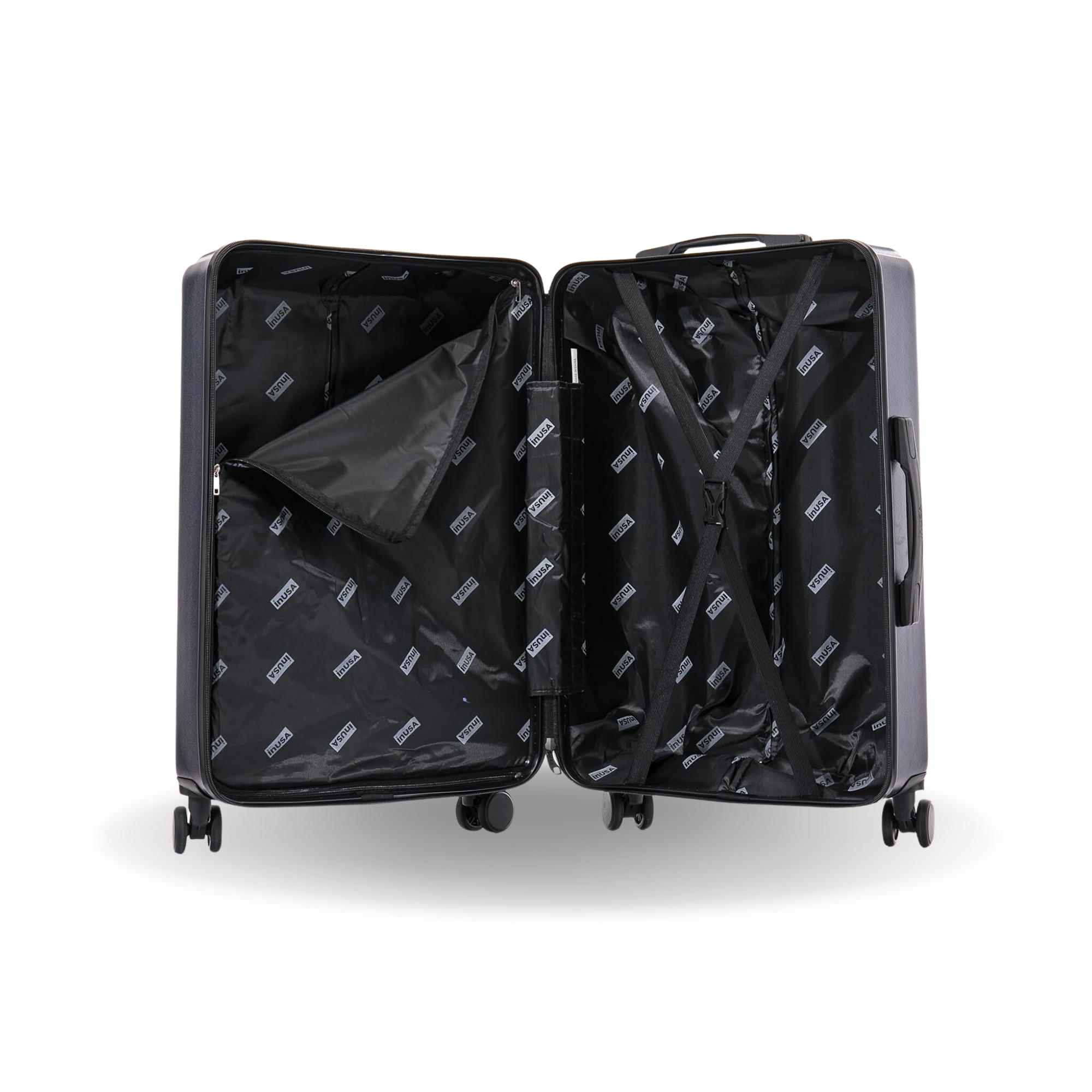 Black suitcase with interior packing cubes on a white background