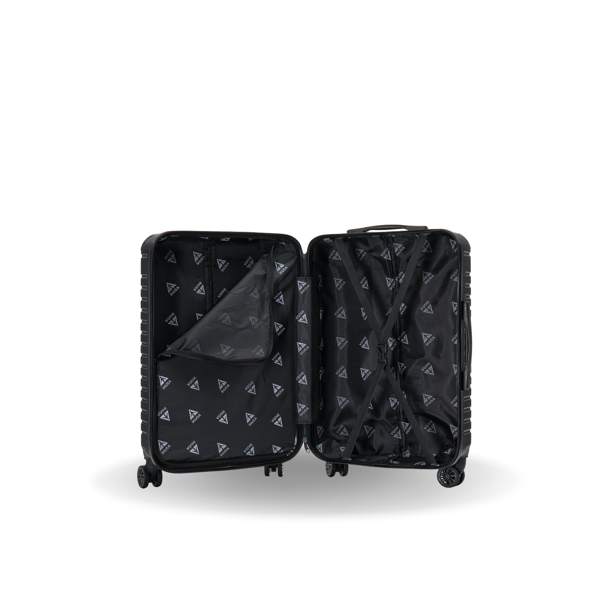 Black suitcase with open lid on a white background