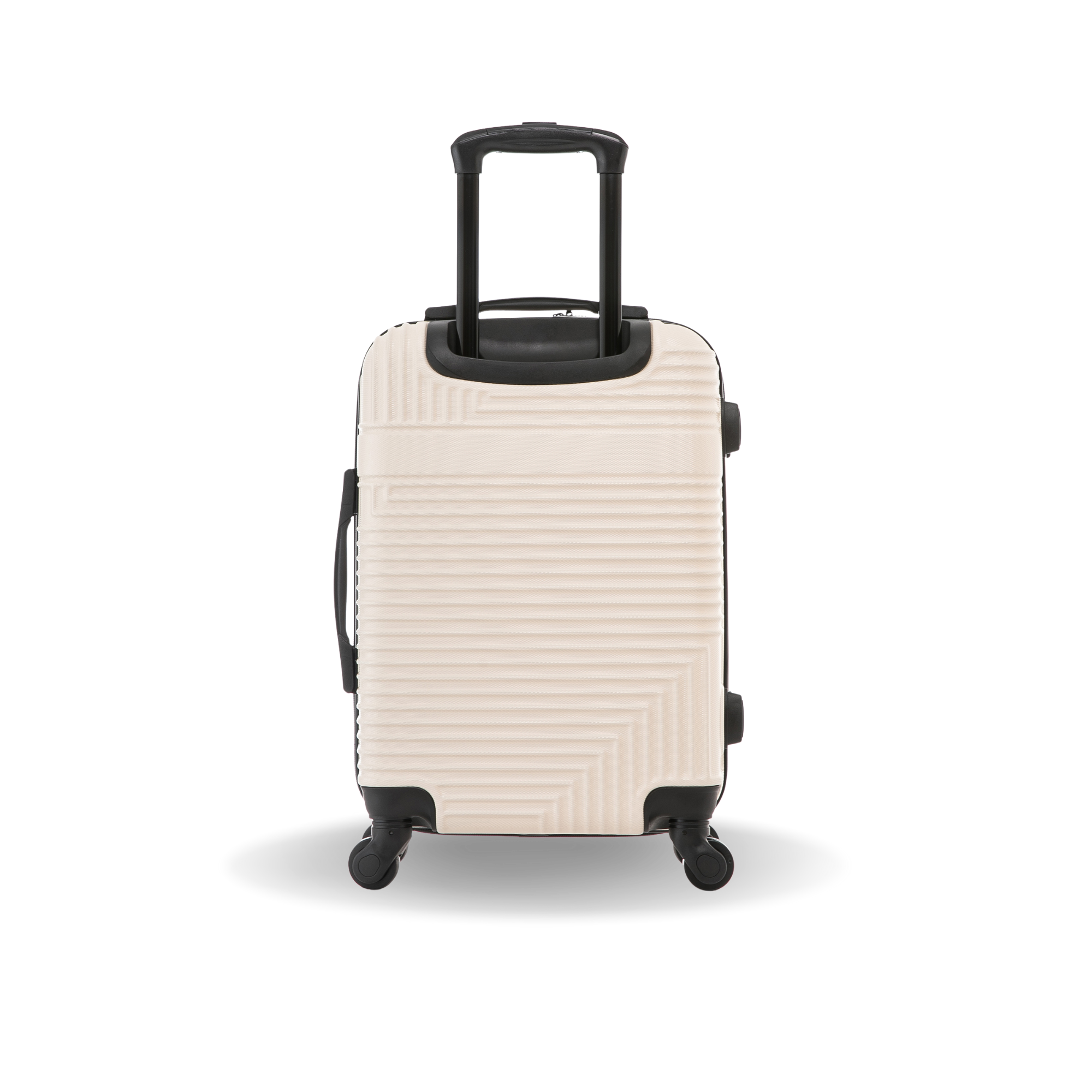 Beige suitcase with black wheels and handle on a white background