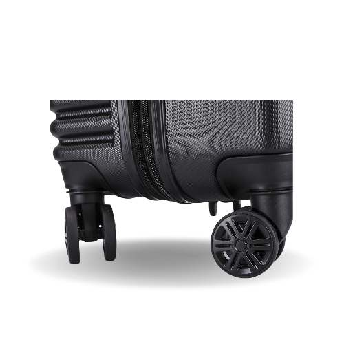 Close-up of a black suitcase with wheels on a white background