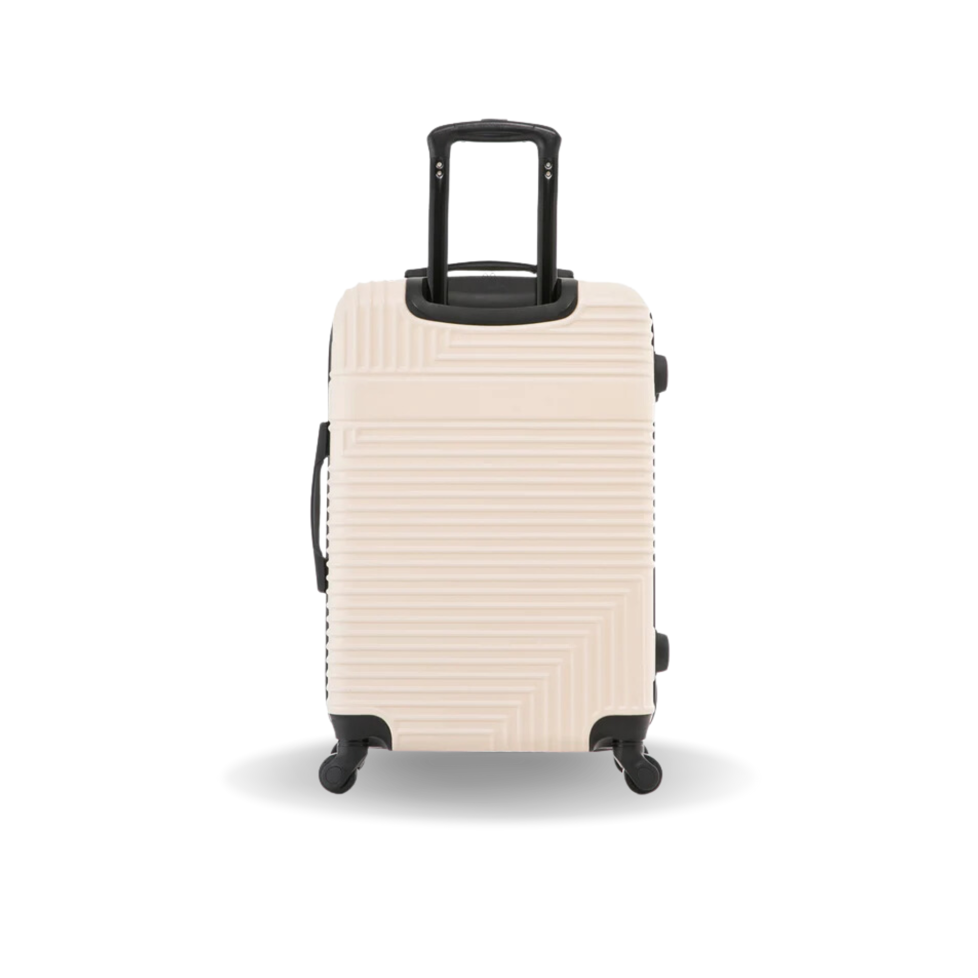 Beige suitcase with black wheels and handle on a white background