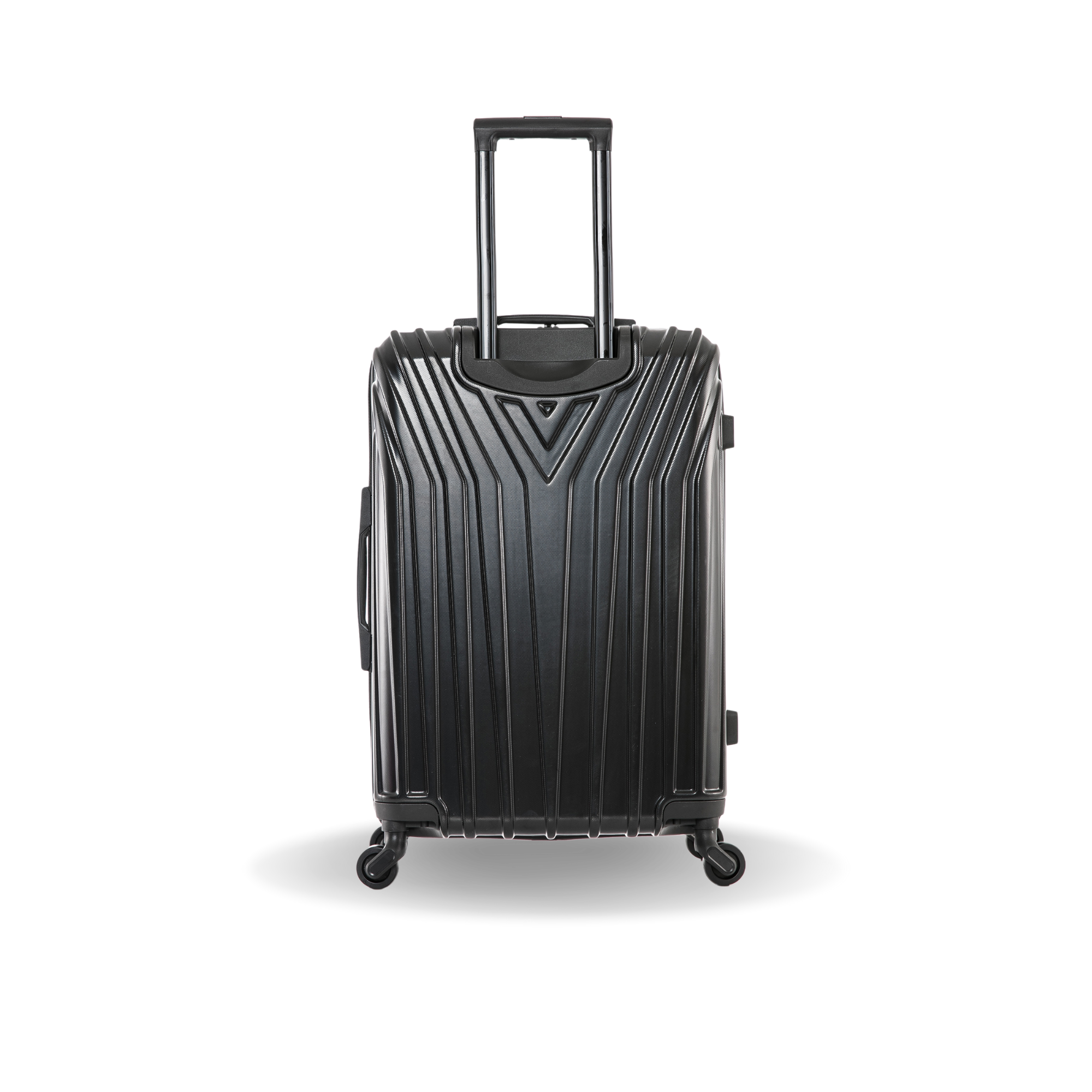 Black suitcase with a textured surface on a white background