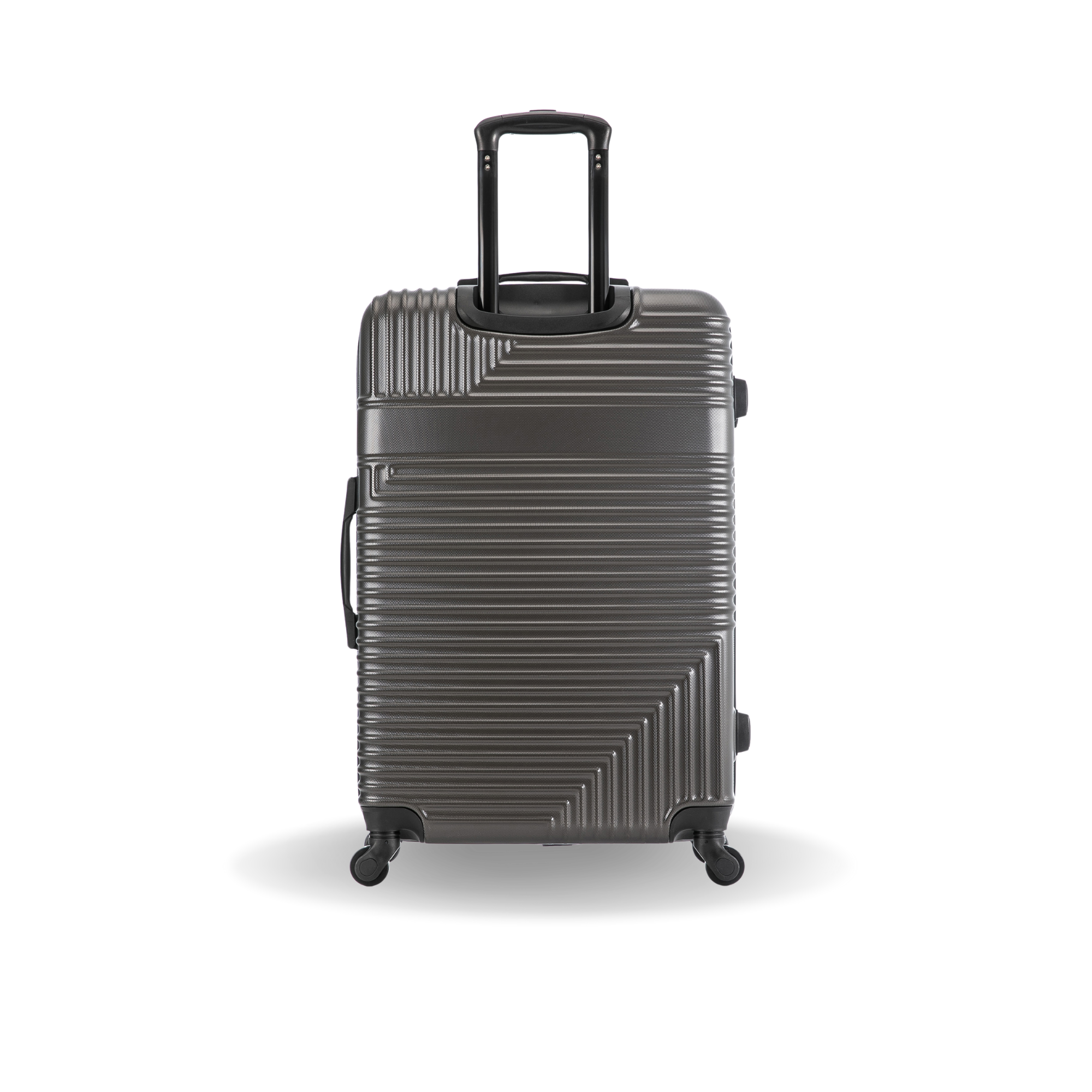 Gray suitcase with a geometric pattern on a white background
