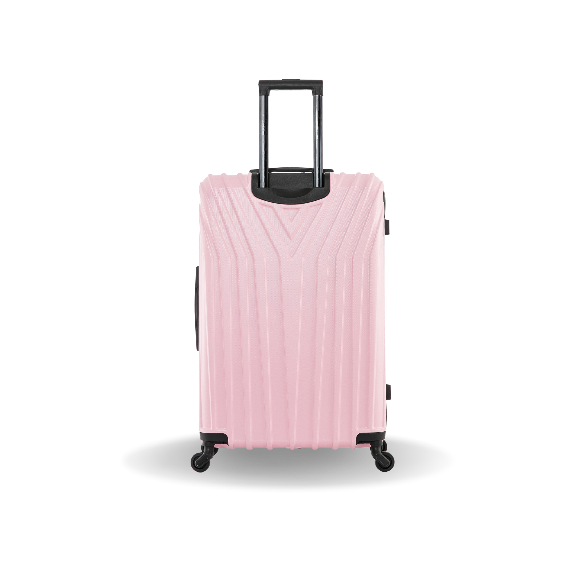 Pink suitcase with a black handle on a white background