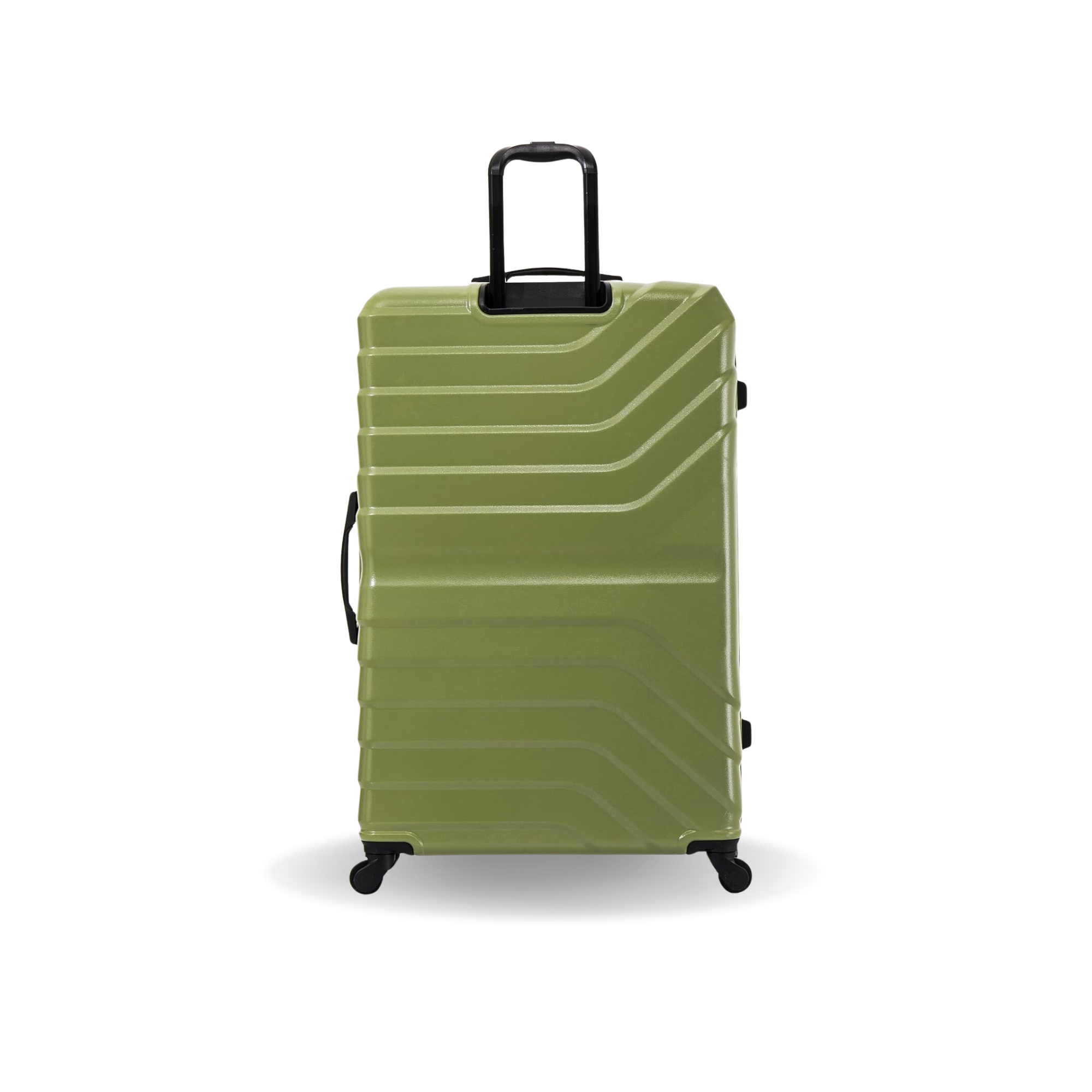 Green suitcase with black handle and wheels on a white background