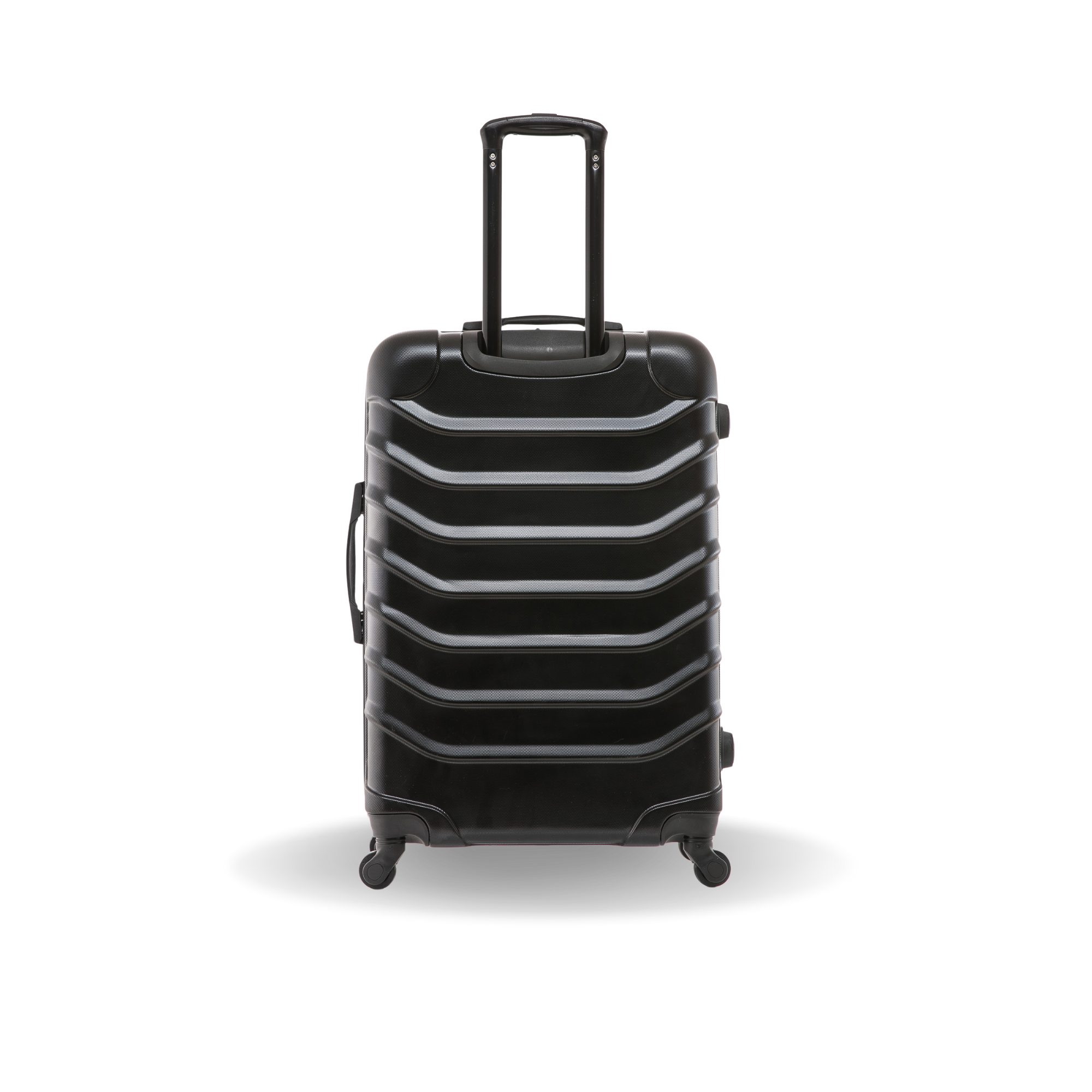 Black suitcase with striped design on a white background