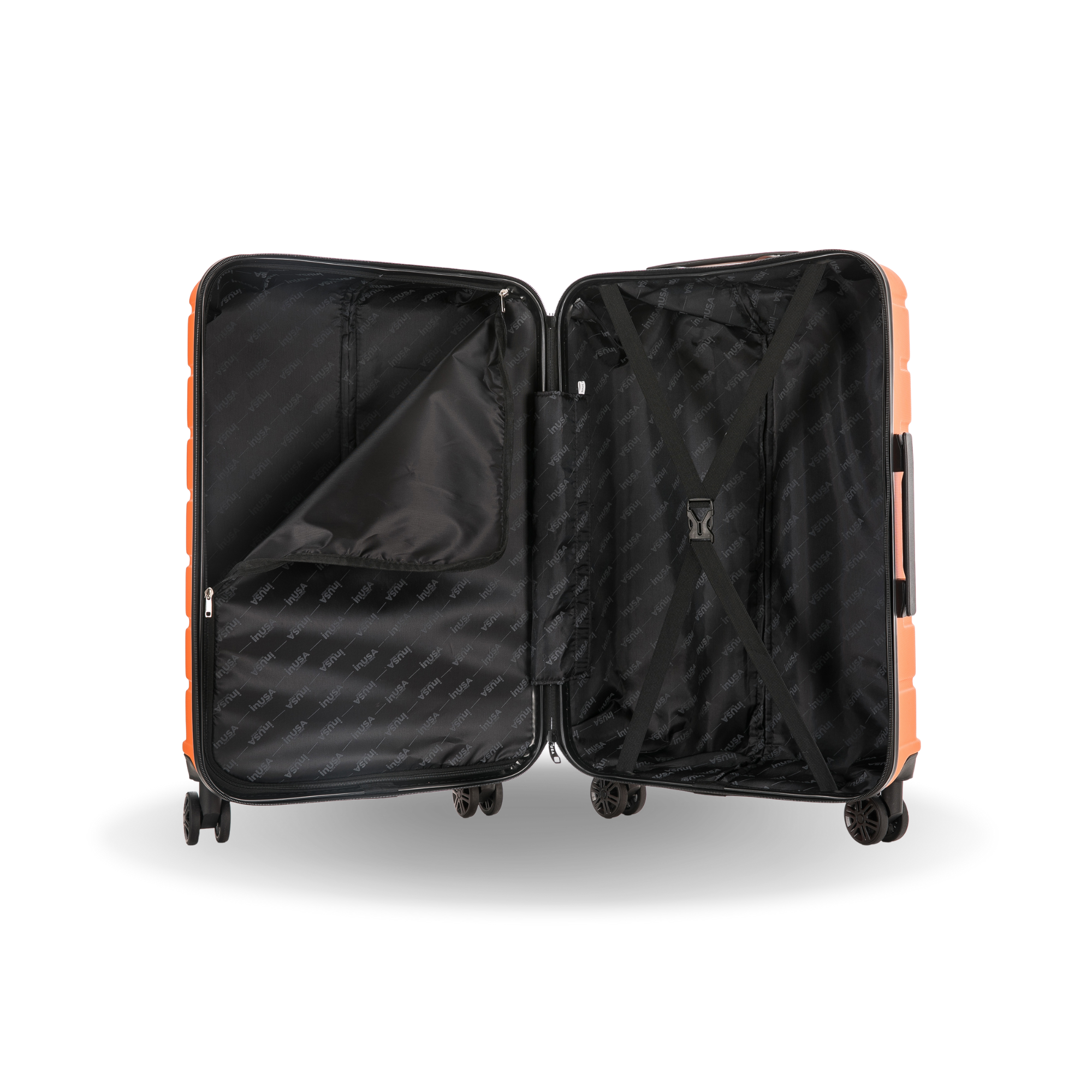 Open black suitcase with orange accents on a white background
