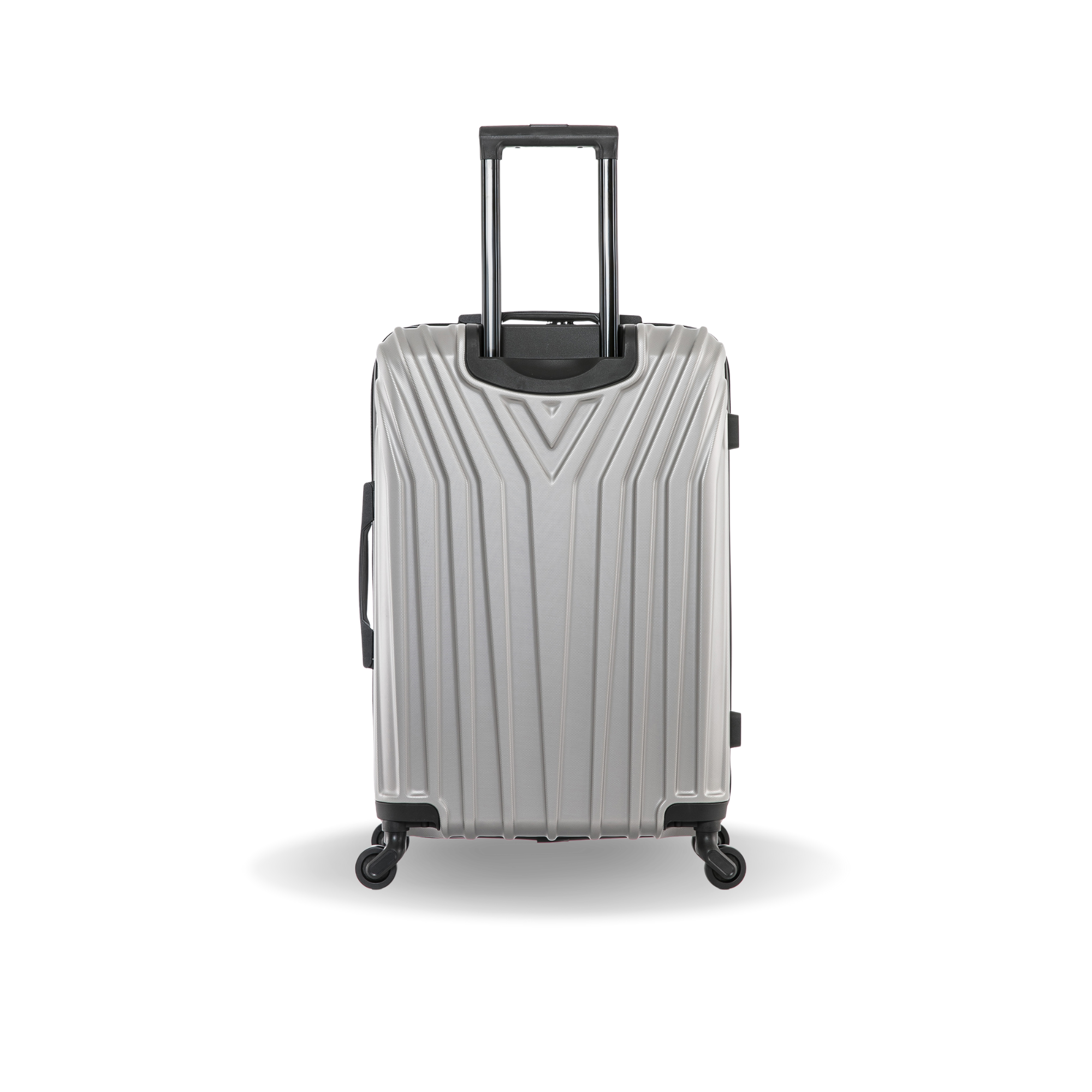 Silver suitcase with black wheels on a white background