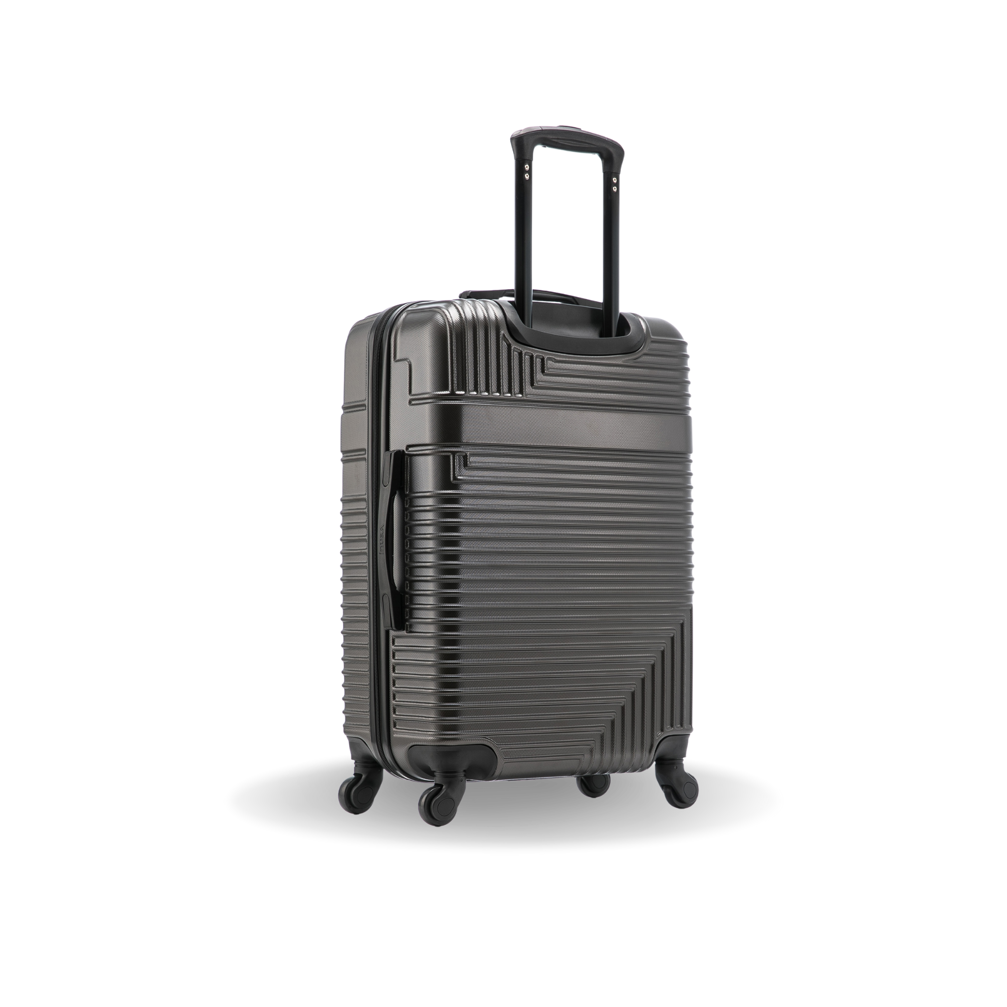 Black suitcase with a textured surface on a white background