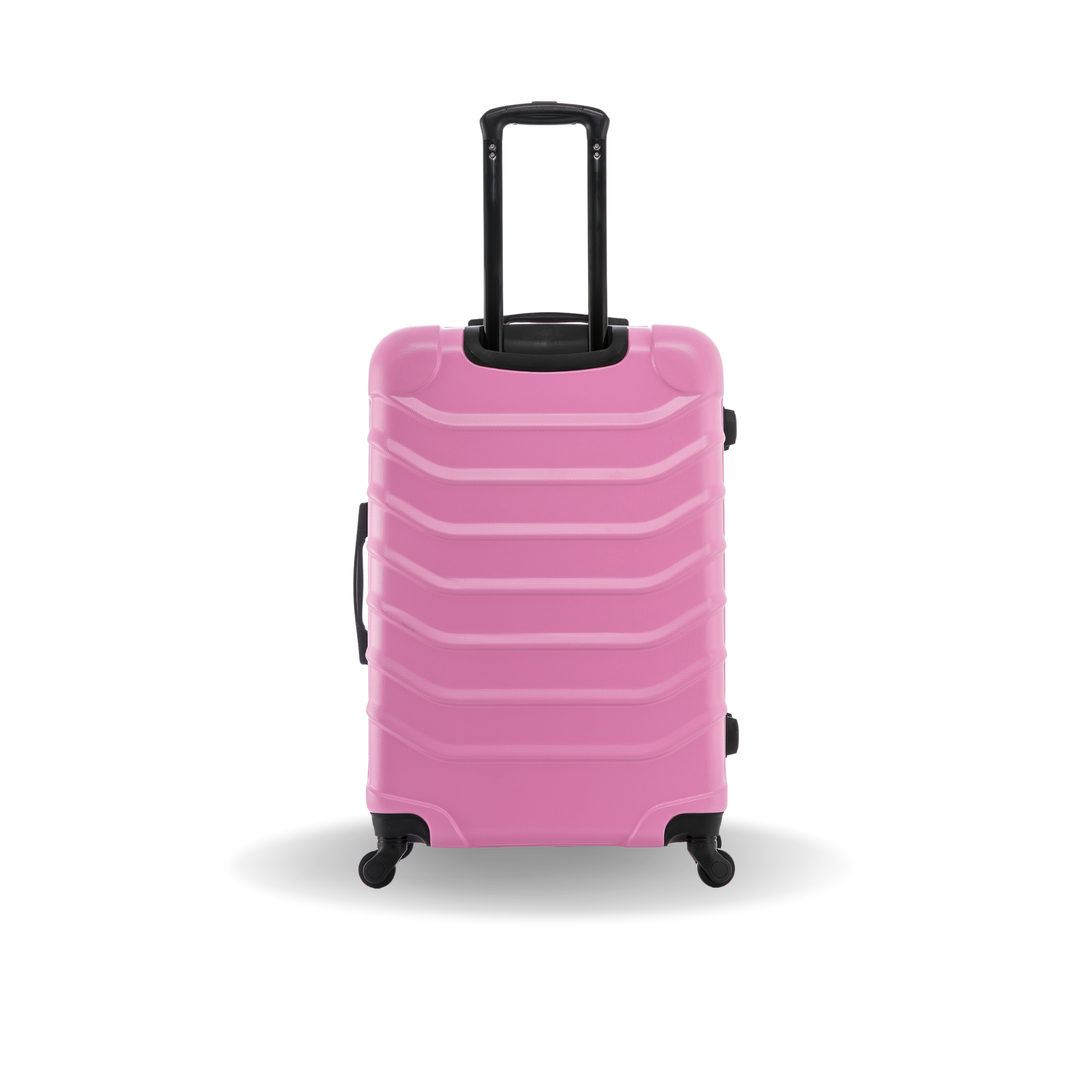 Pink suitcase with black handle and wheels on a white background