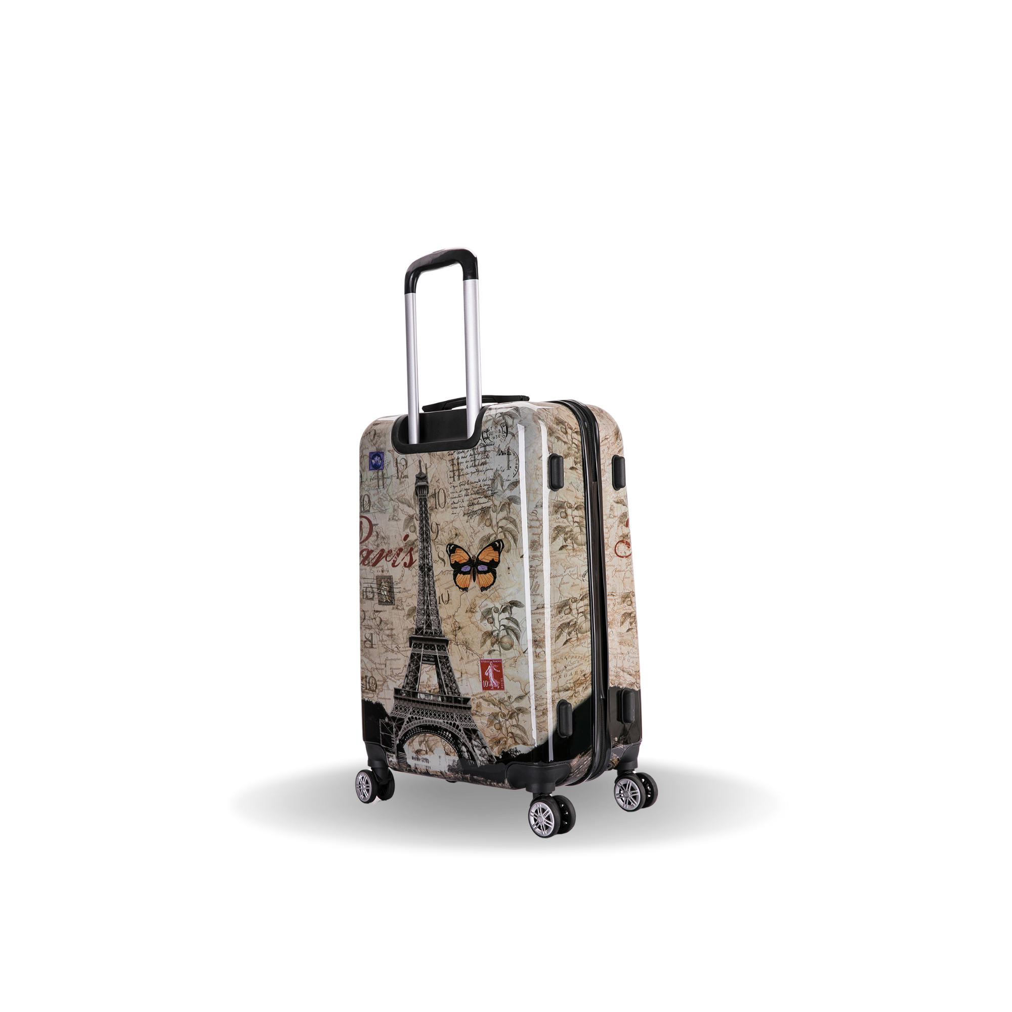 Travel suitcase with Paris-themed design on a white background