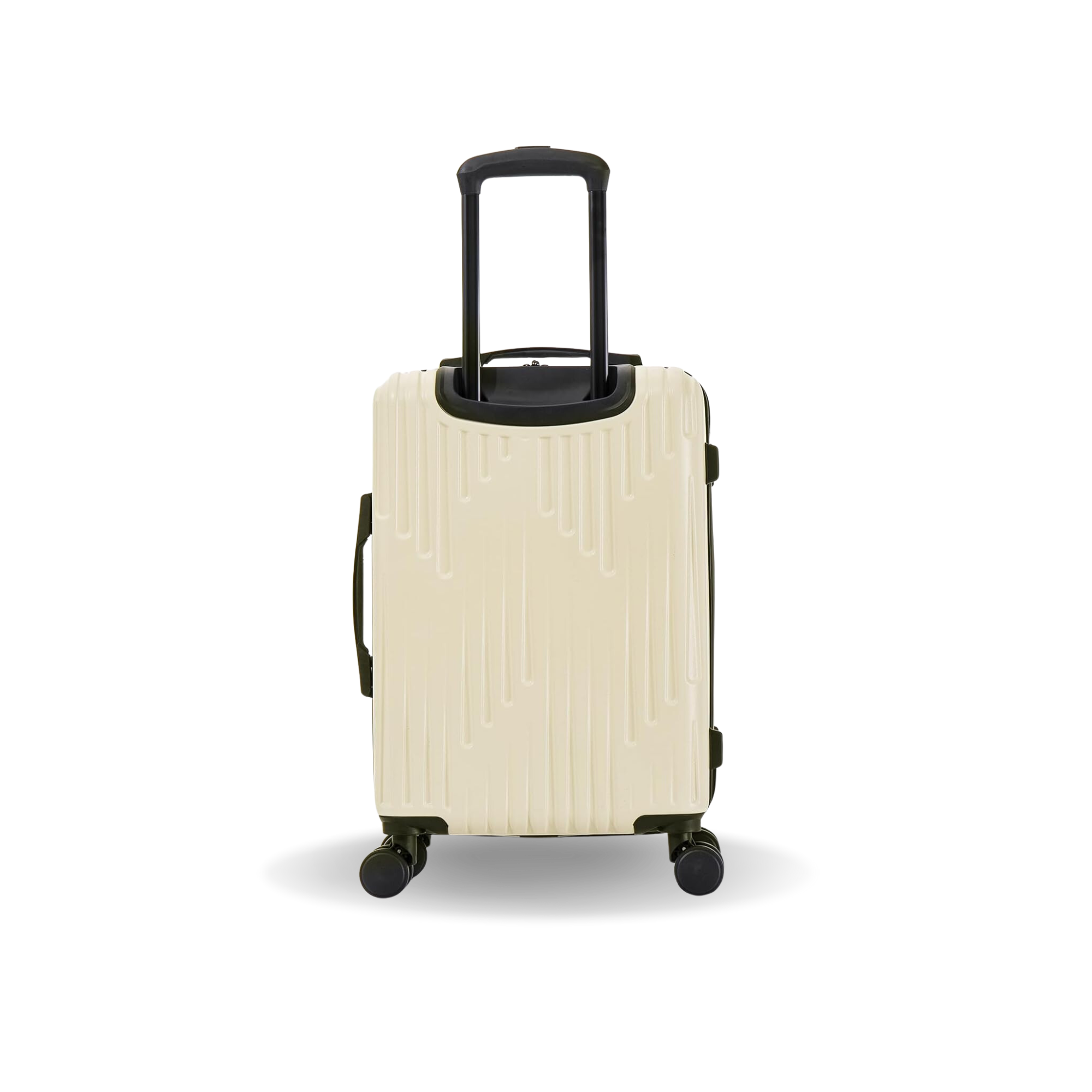 Beige suitcase with a black handle on a white background