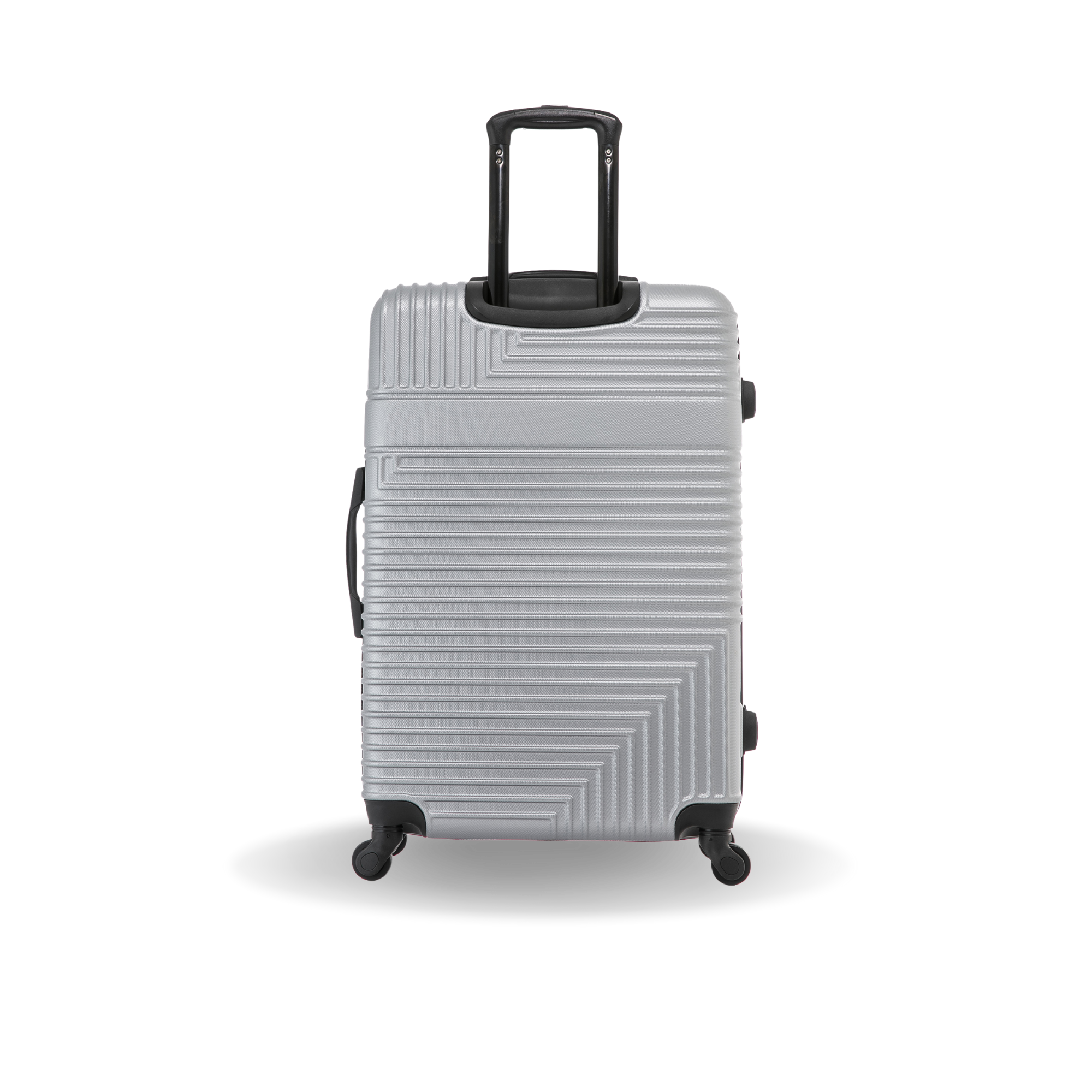 Silver suitcase with black wheels and handle on a white background