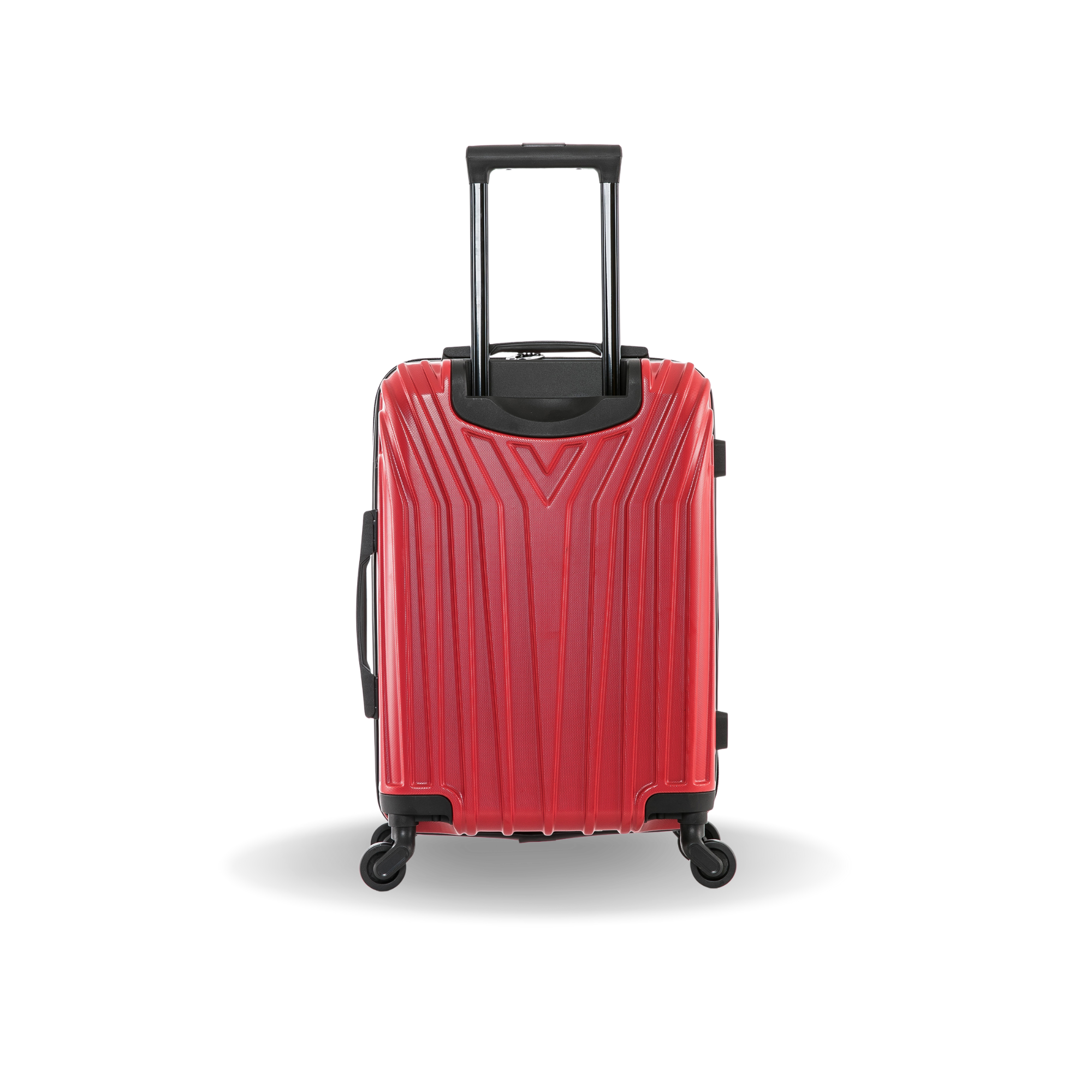 Red suitcase with black handle and wheels on a white background