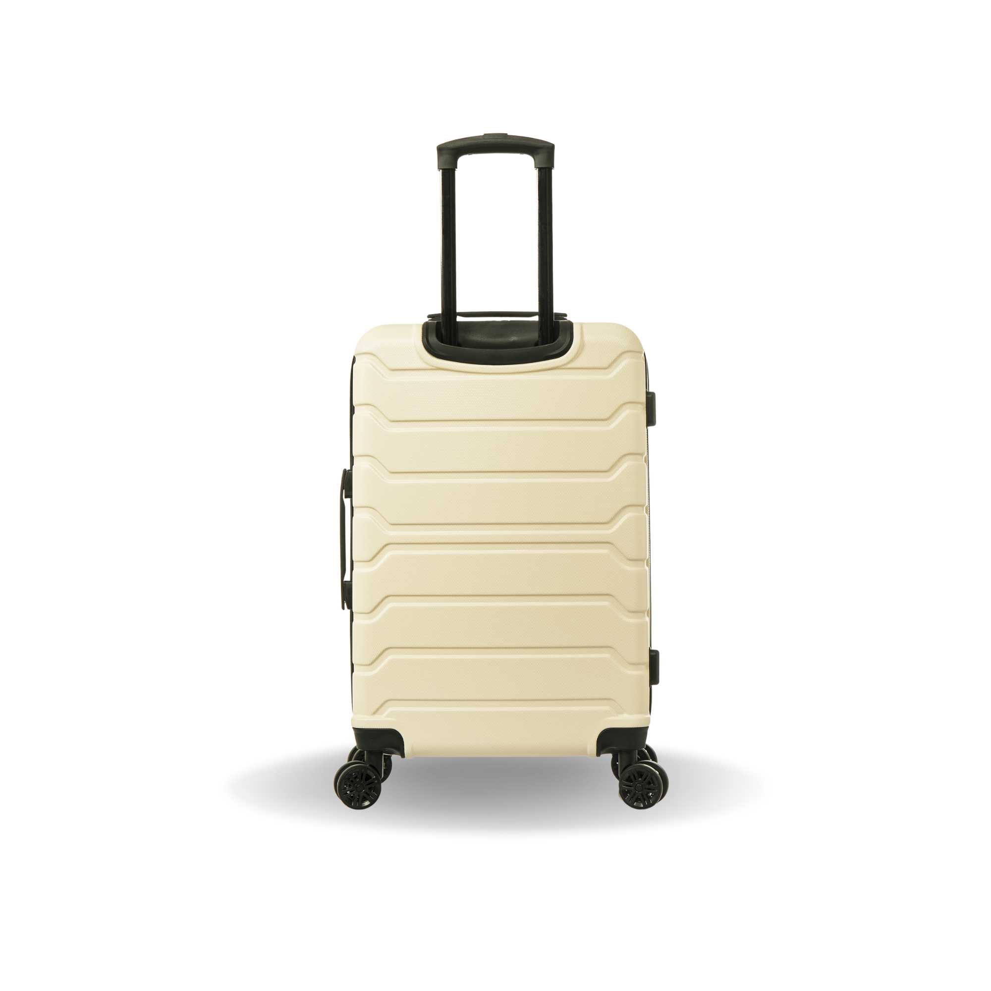 Beige suitcase with a black handle on a white background