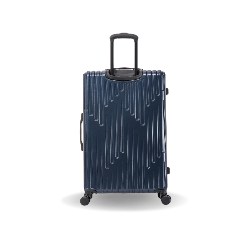 Blue suitcase with a textured surface on a white background