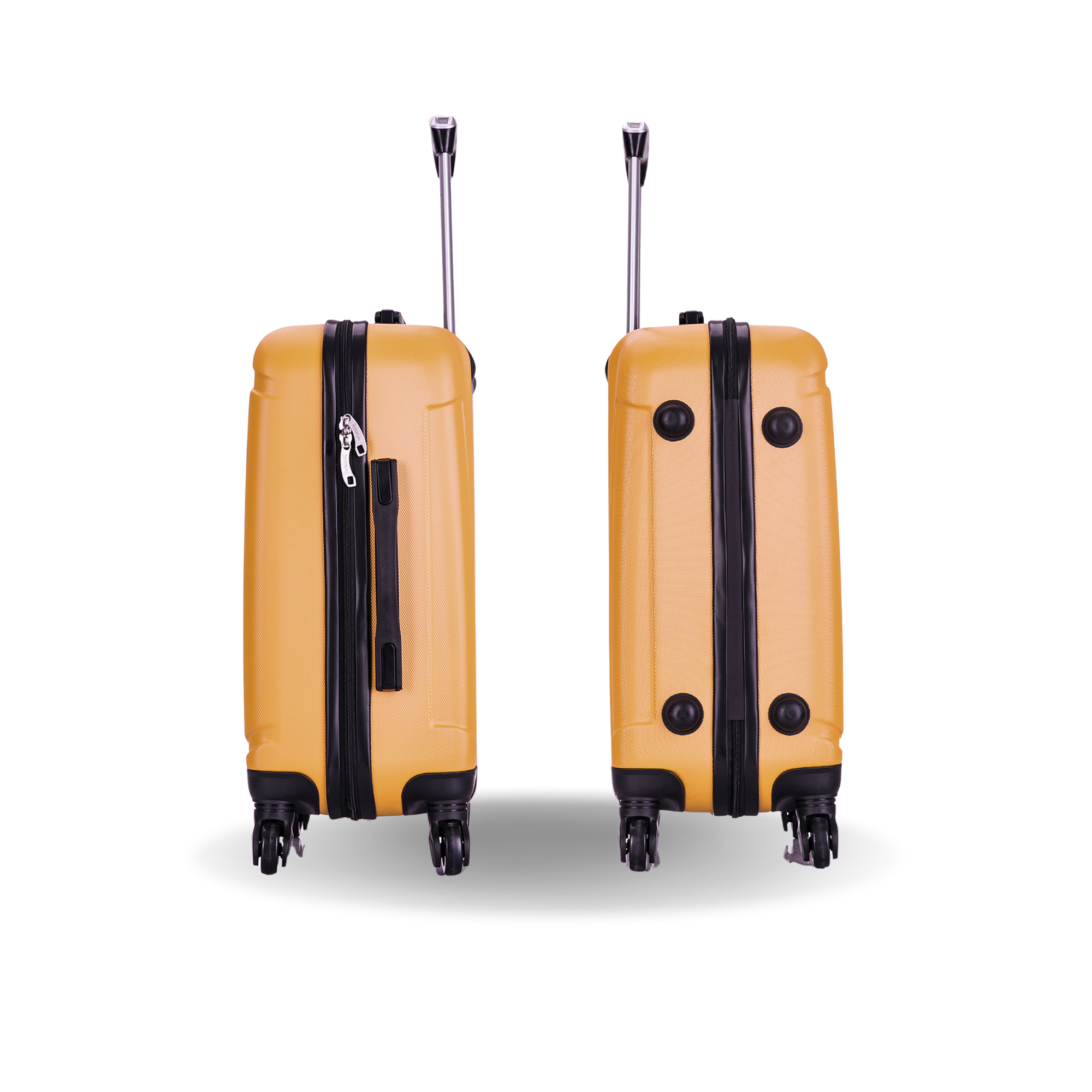 Two yellow suitcases with black zippers on a white background