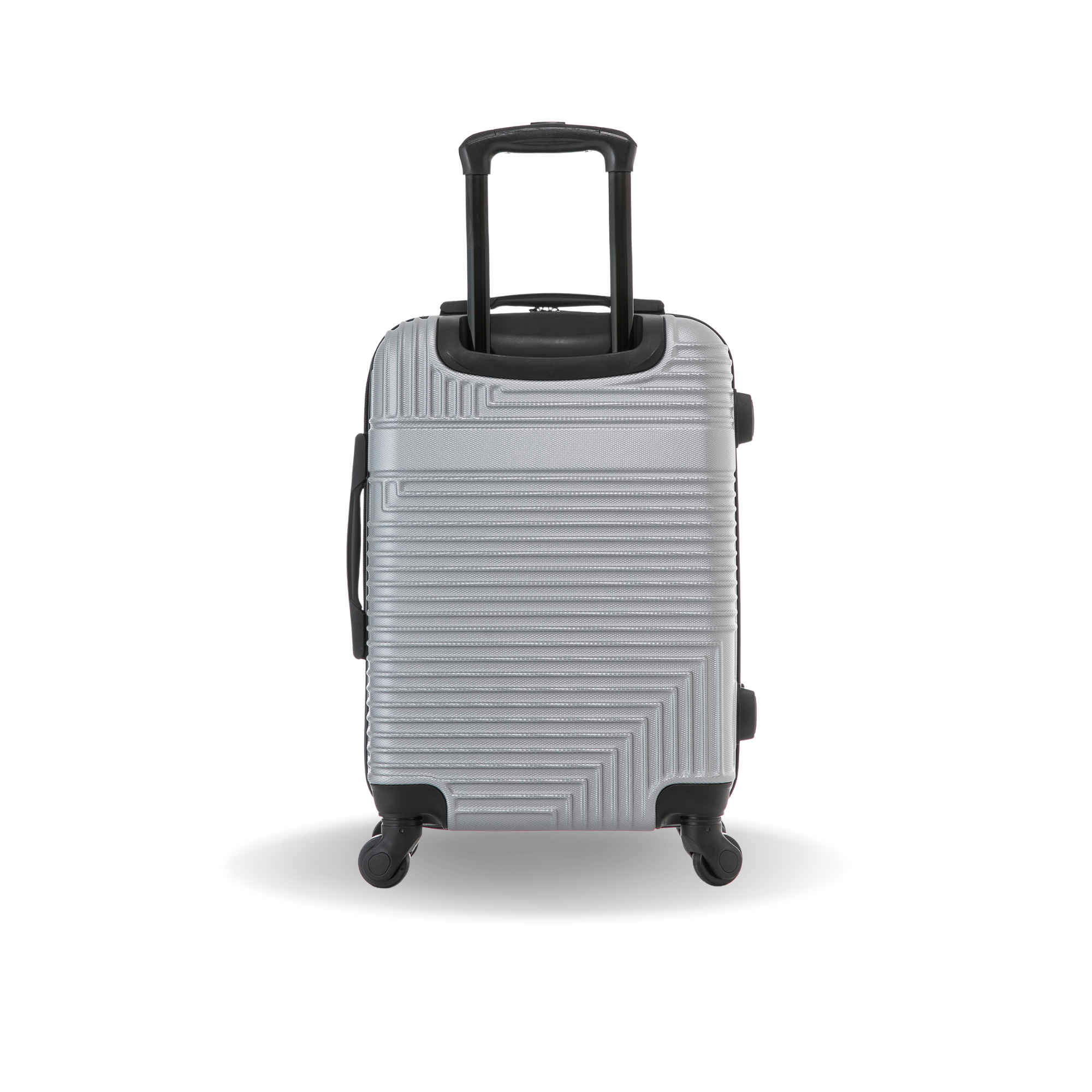 Silver suitcase with a black handle on a white background