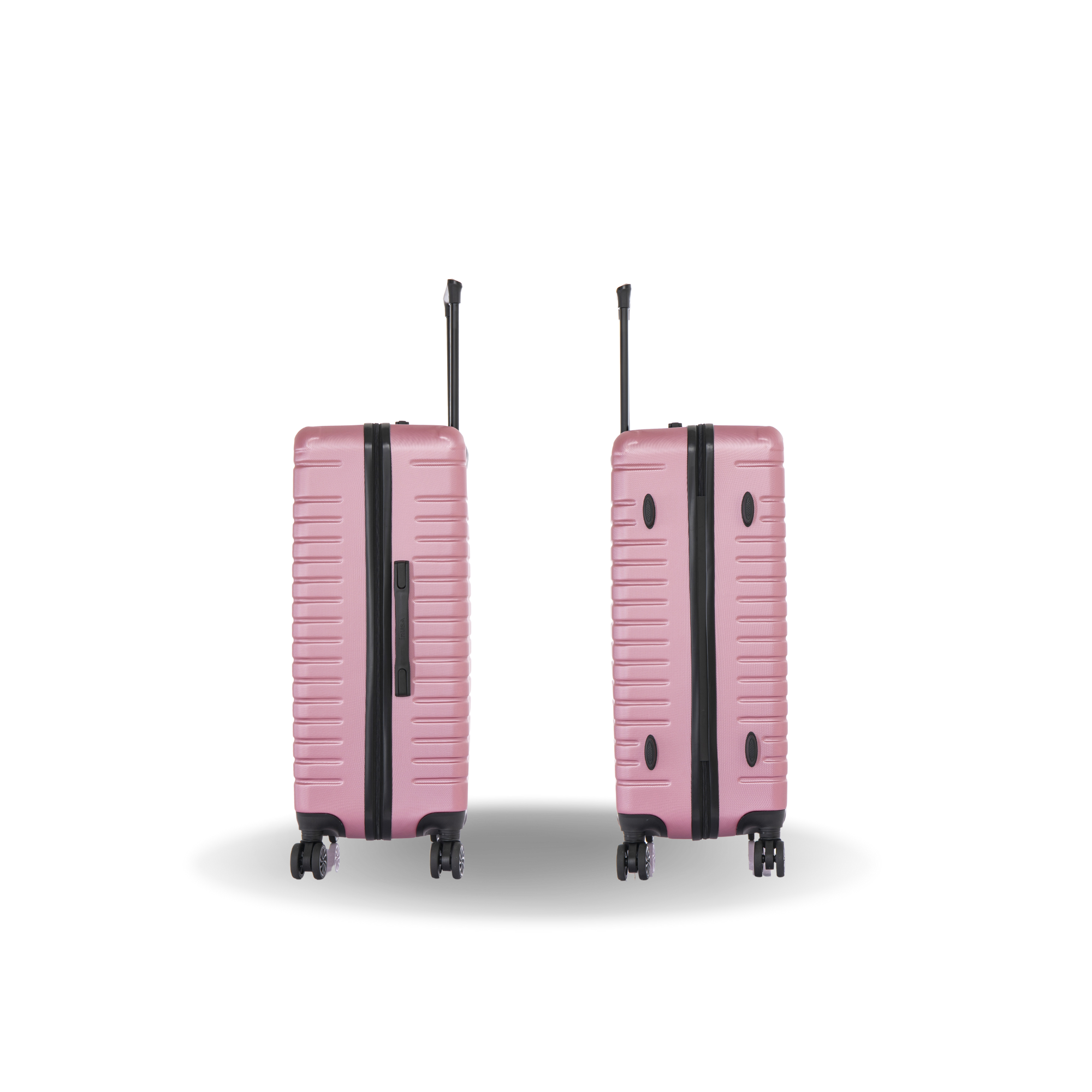 Two pink suitcases with black accents on a white background