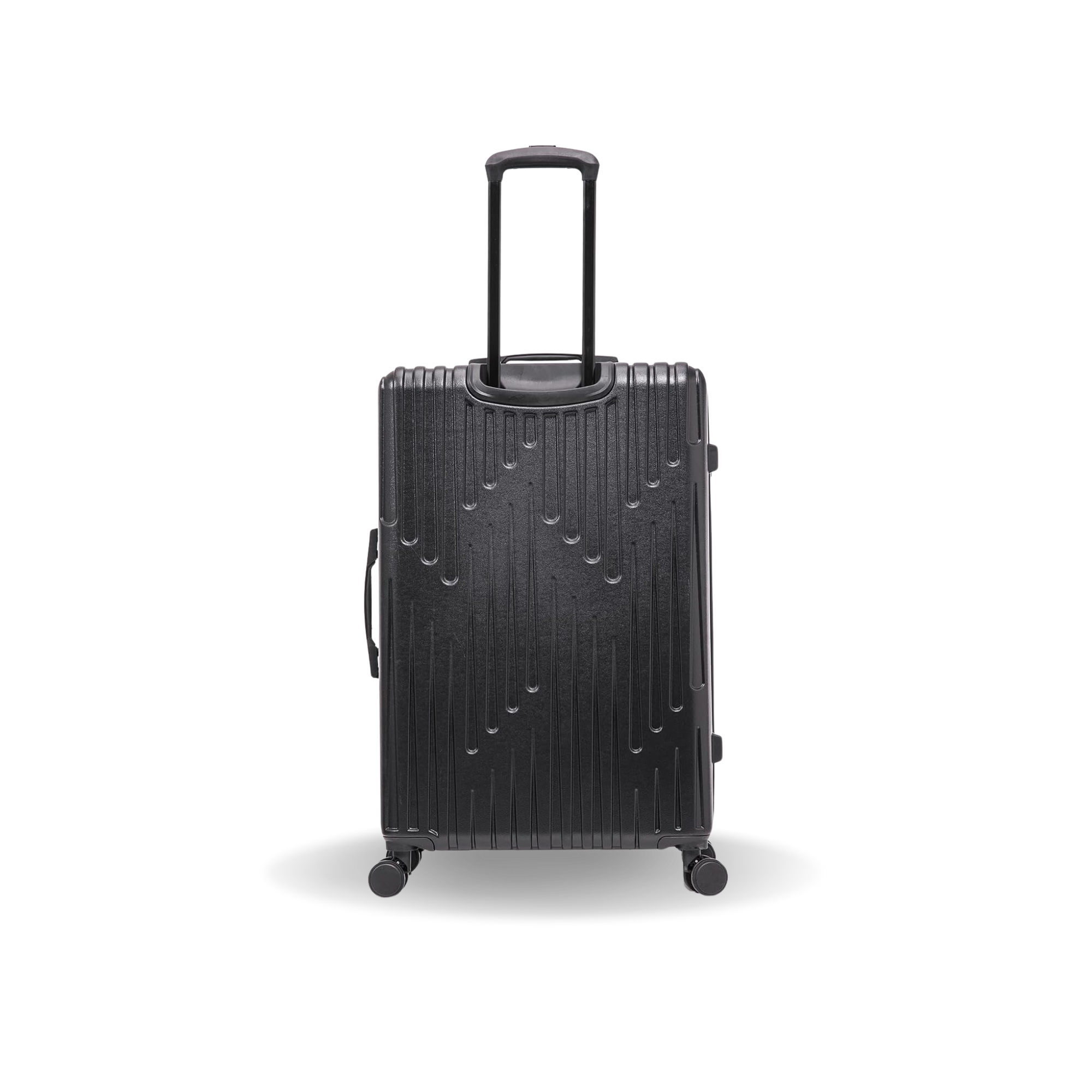 Black suitcase with a textured surface on a white background