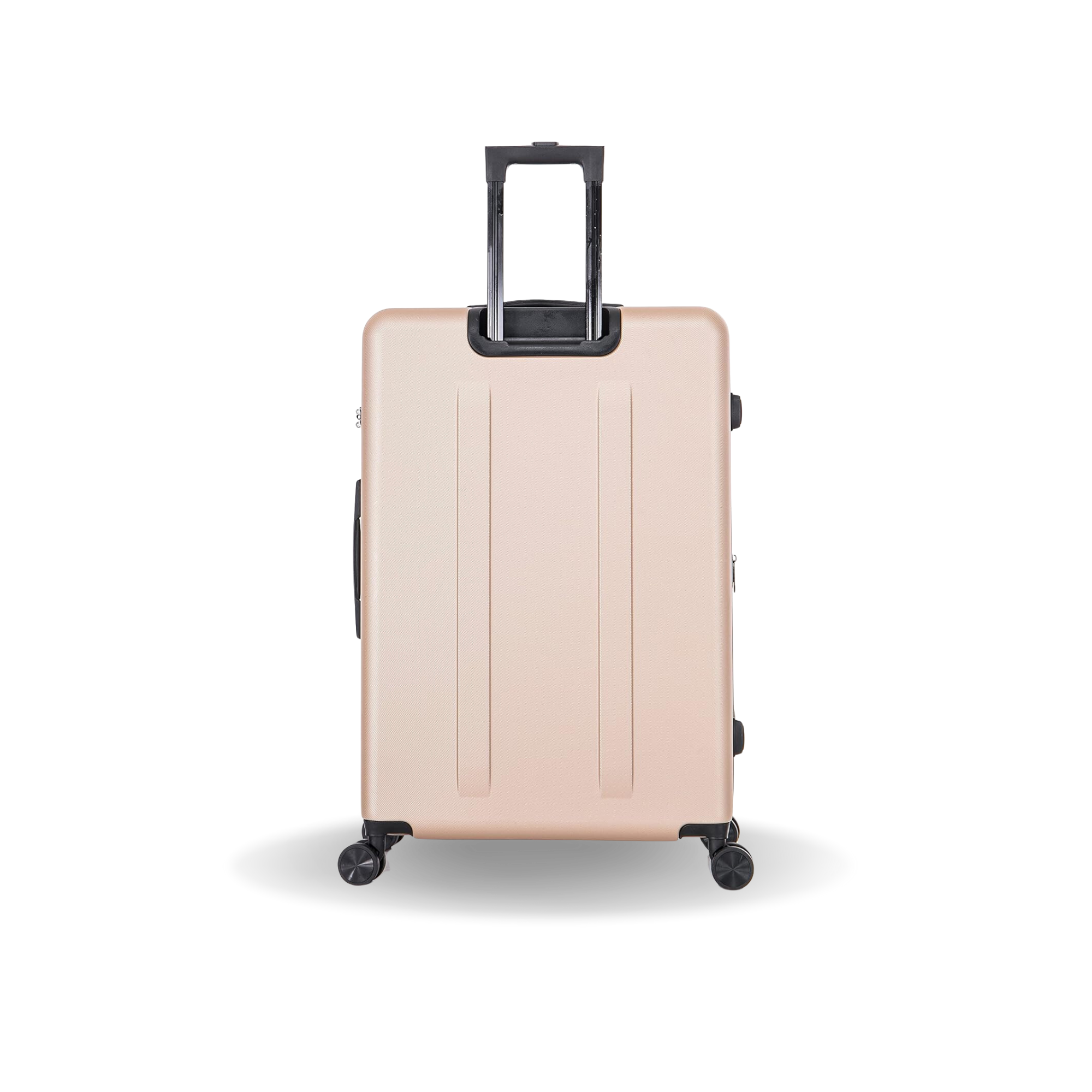Beige suitcase with a black handle on a white background