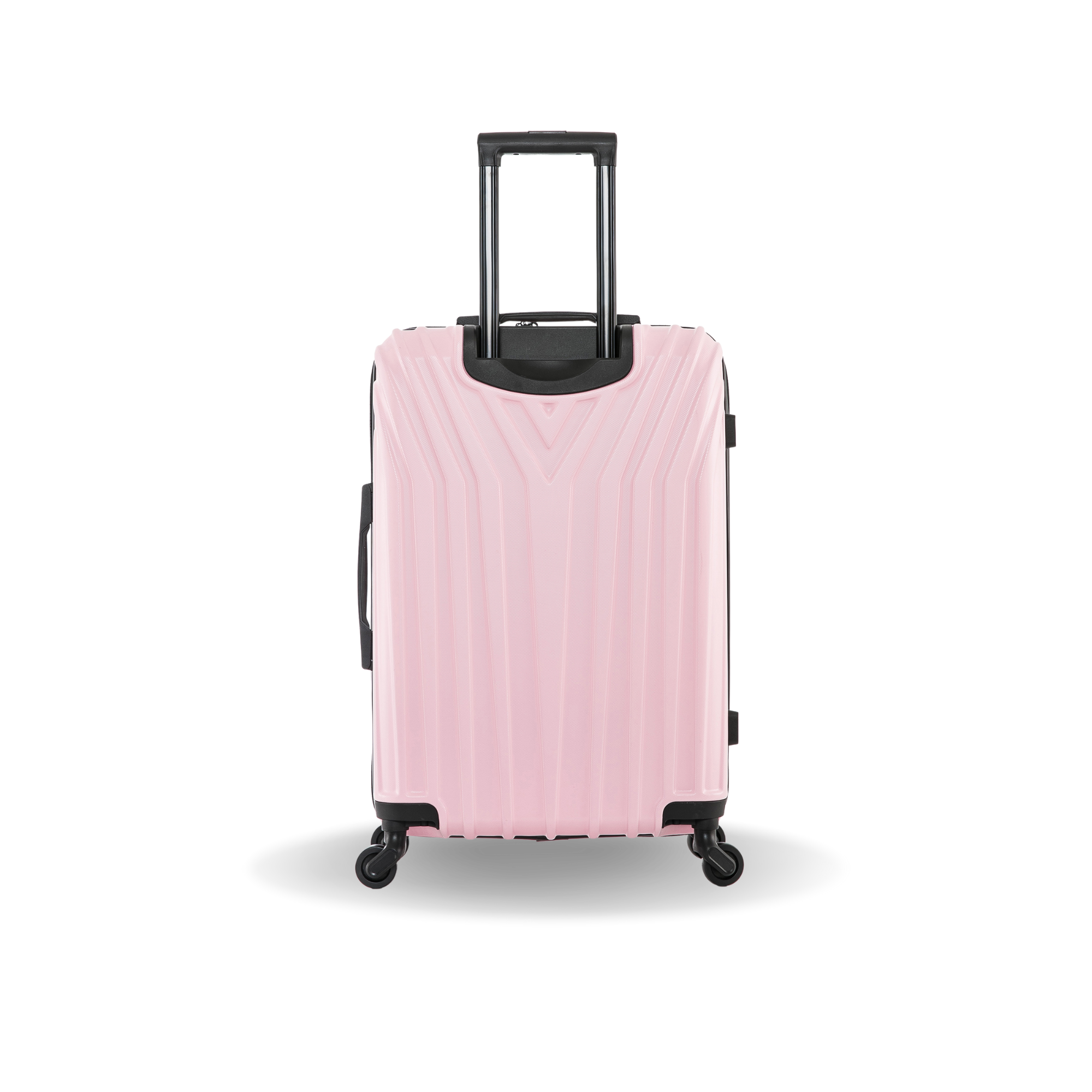 Pink suitcase with black wheels on a white background
