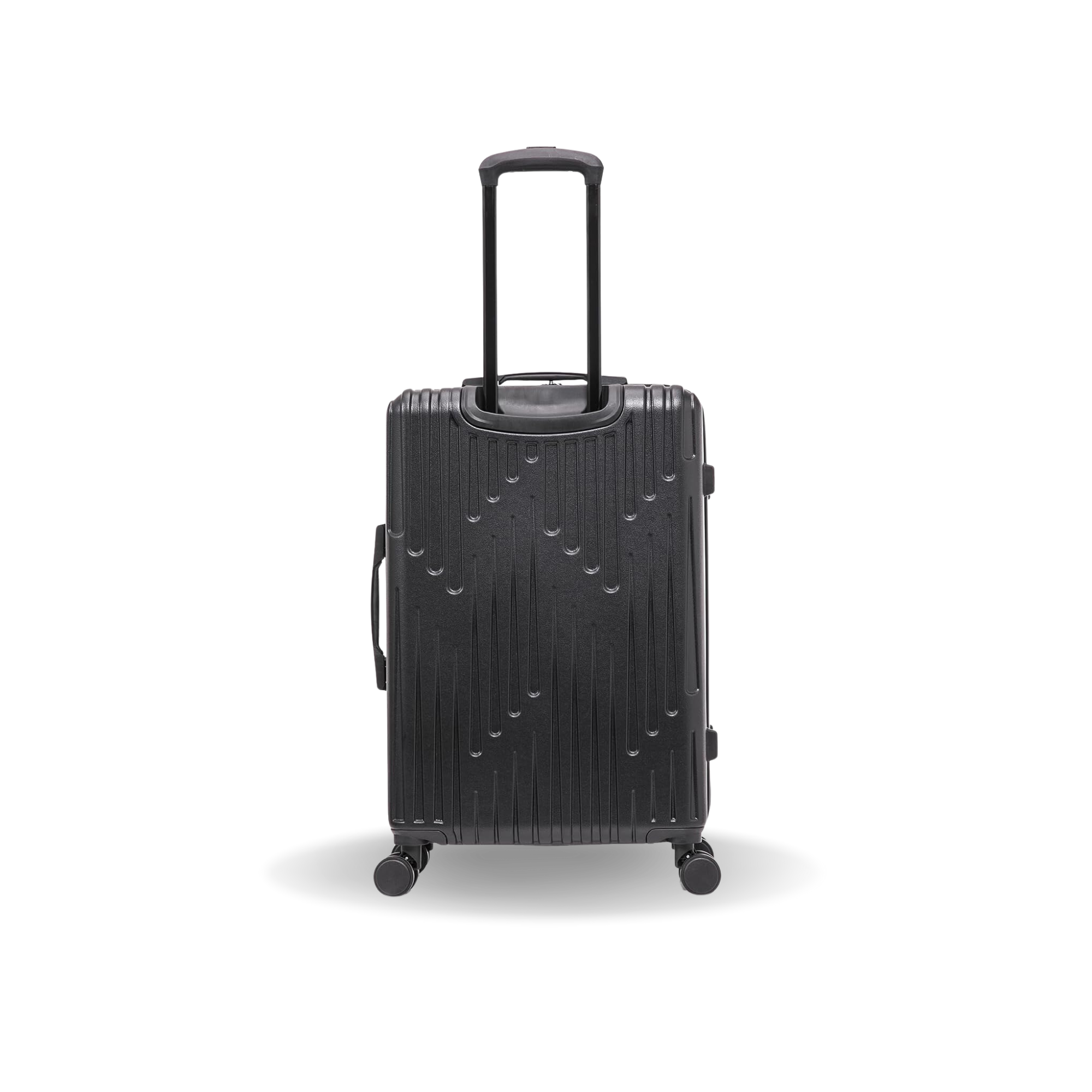 Black suitcase with a textured surface on a white background