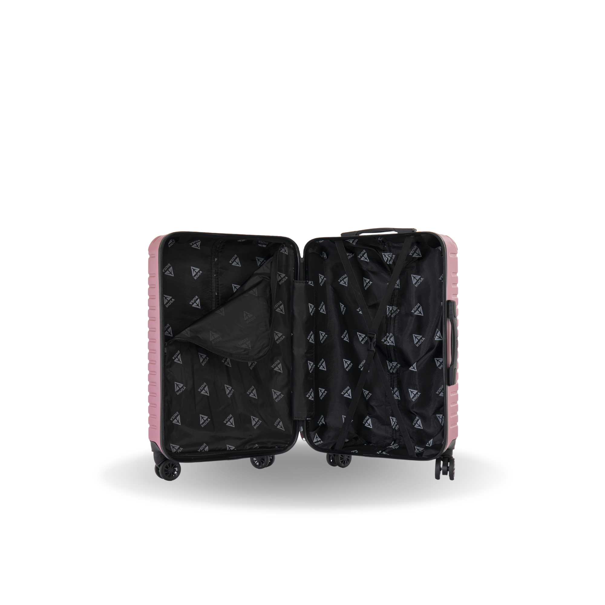 Black suitcase with pink accents and geometric pattern on a white background
