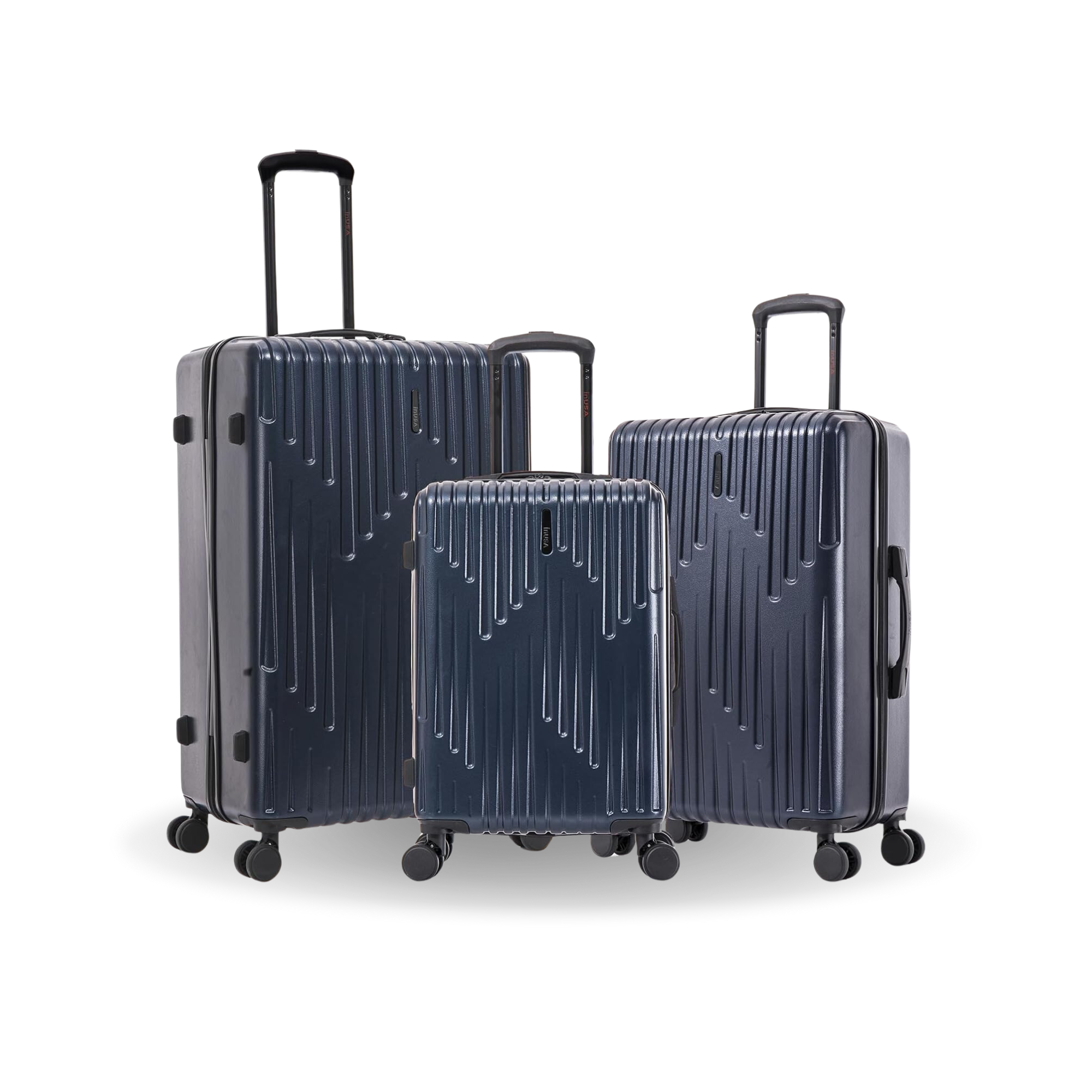 Set of three navy blue suitcases of different sizes on a white background