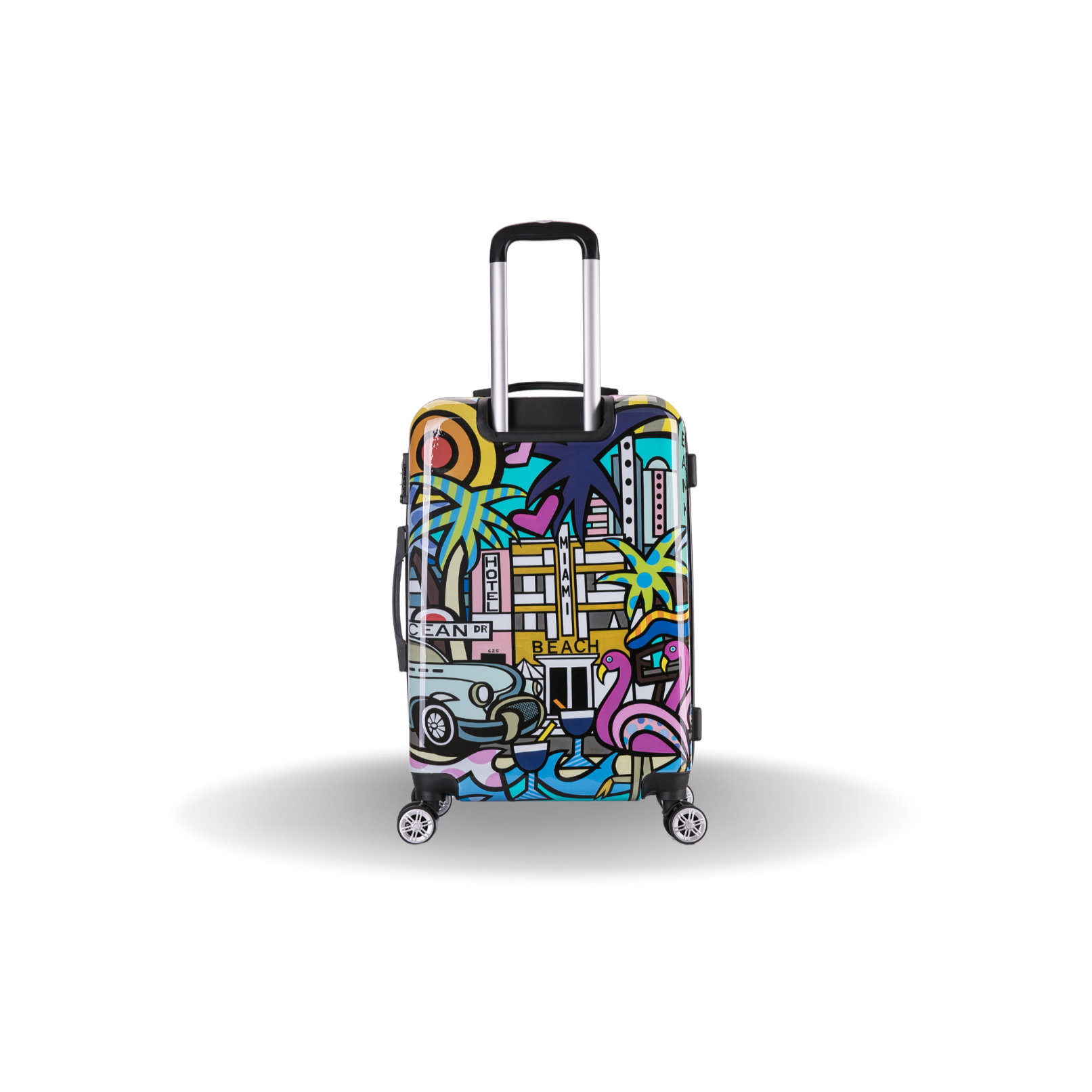 Colorful suitcase with a vibrant design on a white background