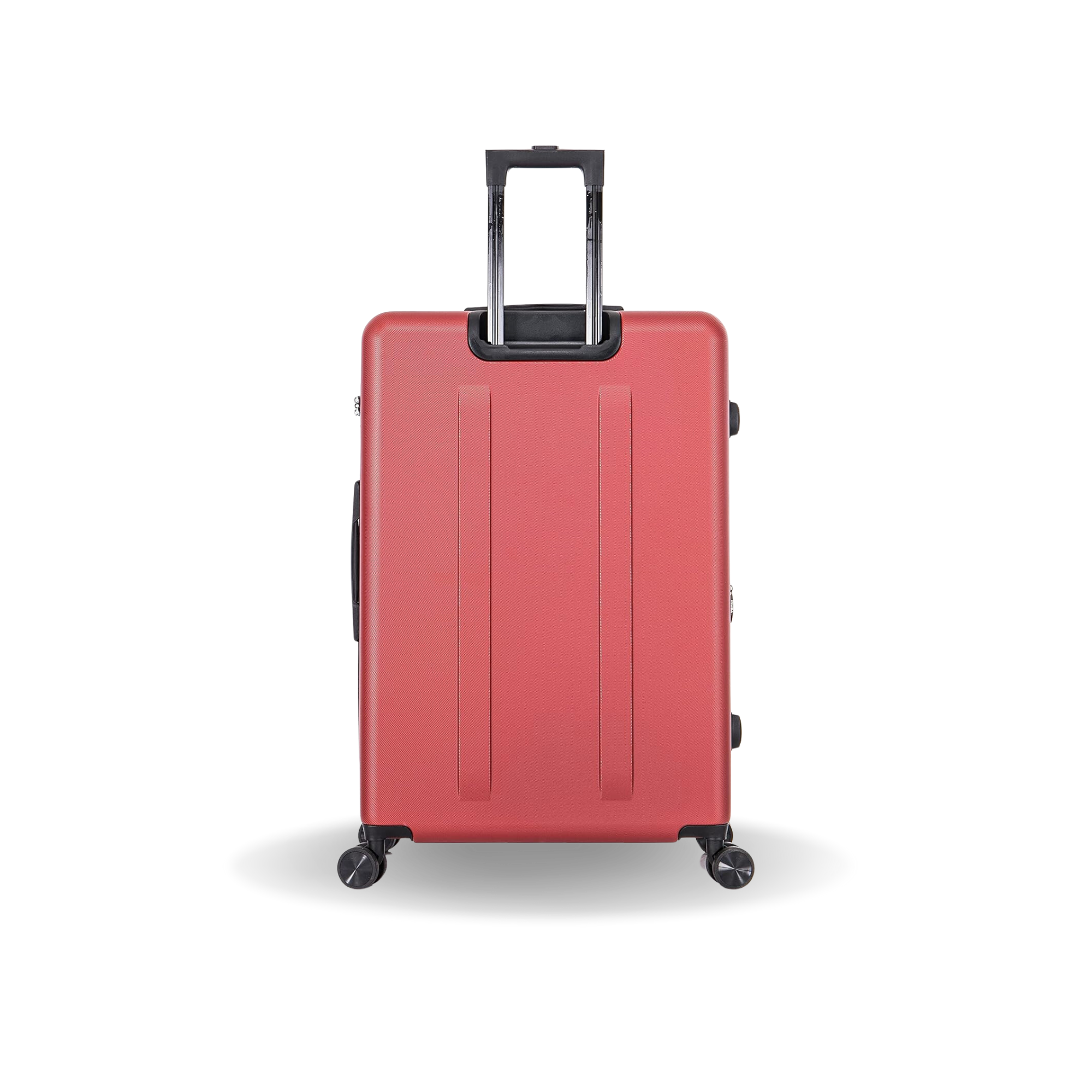 Red suitcase with a black handle on a white background
