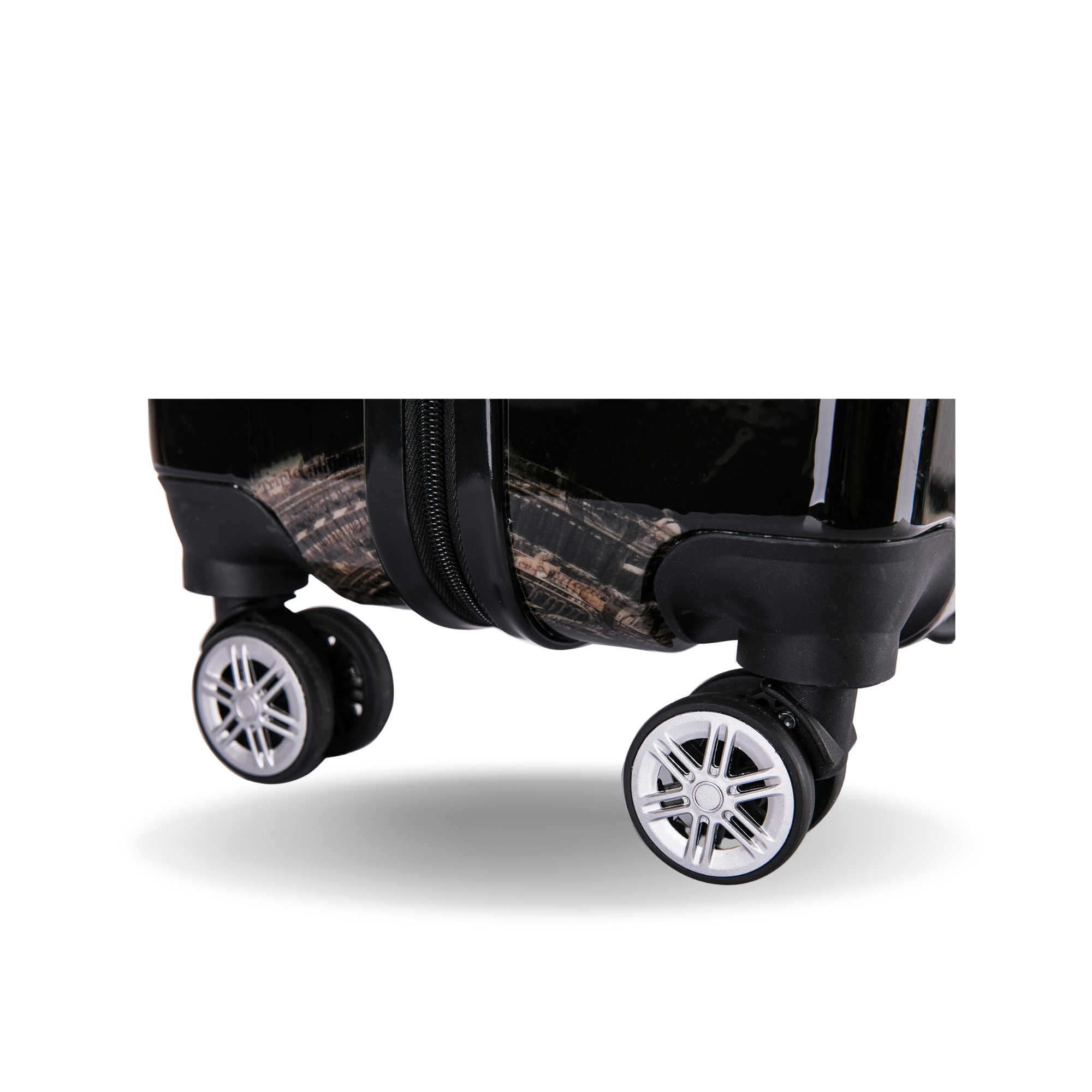 Close-up of a suitcase with wheels on a white background