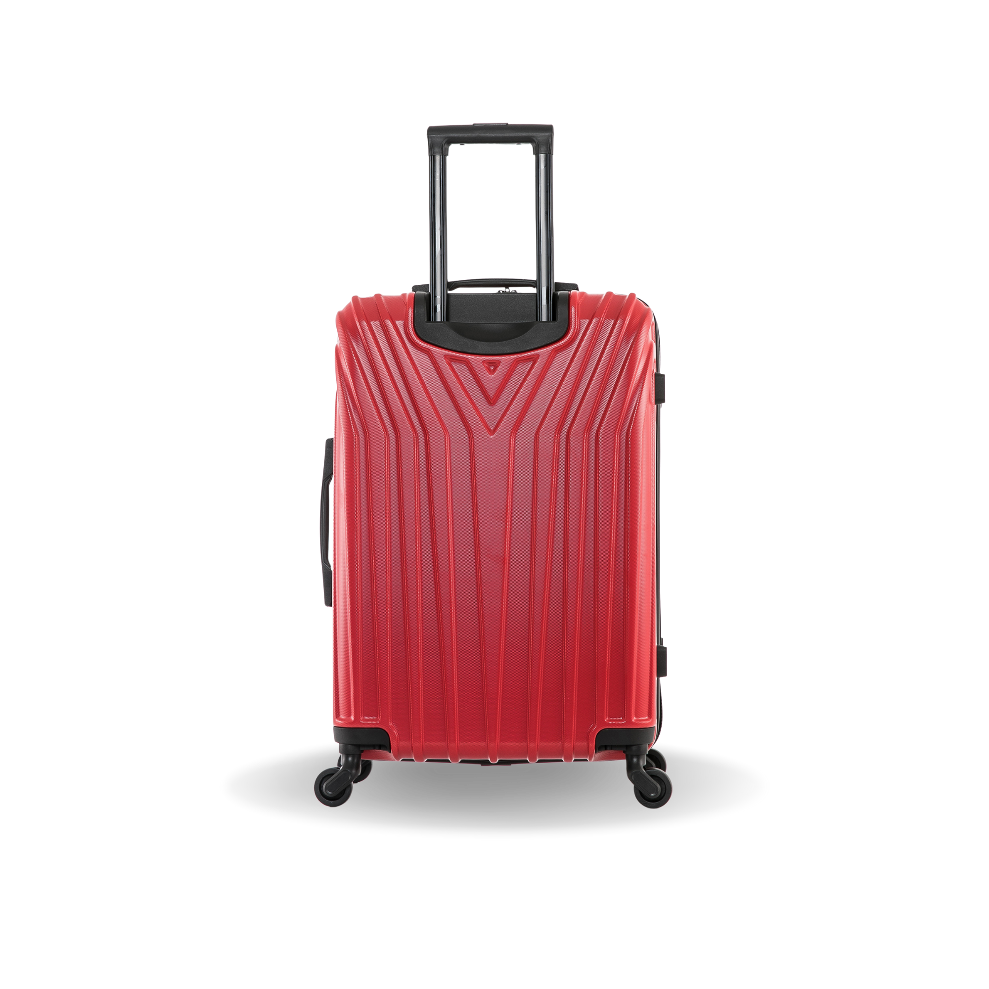 Red suitcase with black wheels and handle on a white background