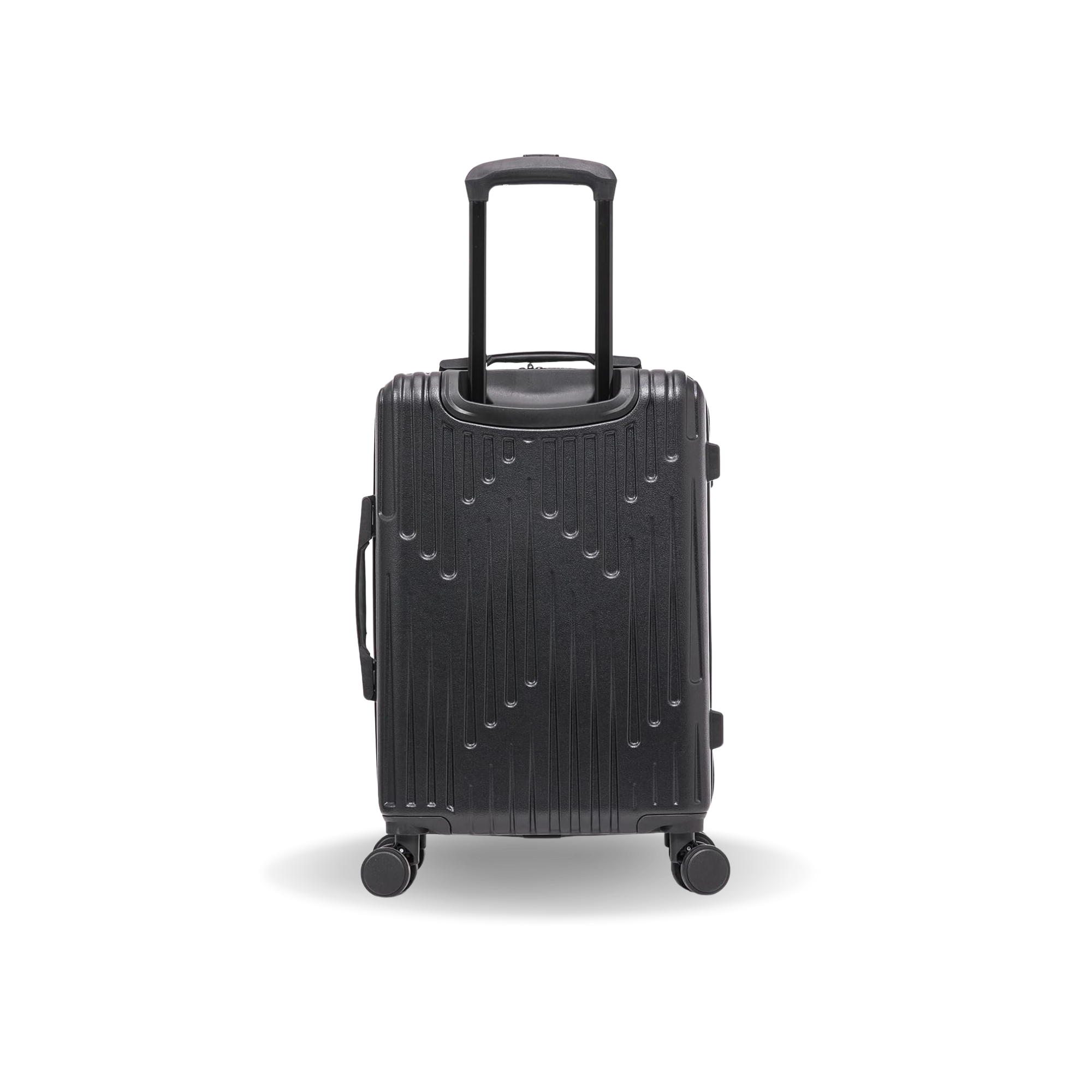 Black suitcase with a textured pattern on a white background