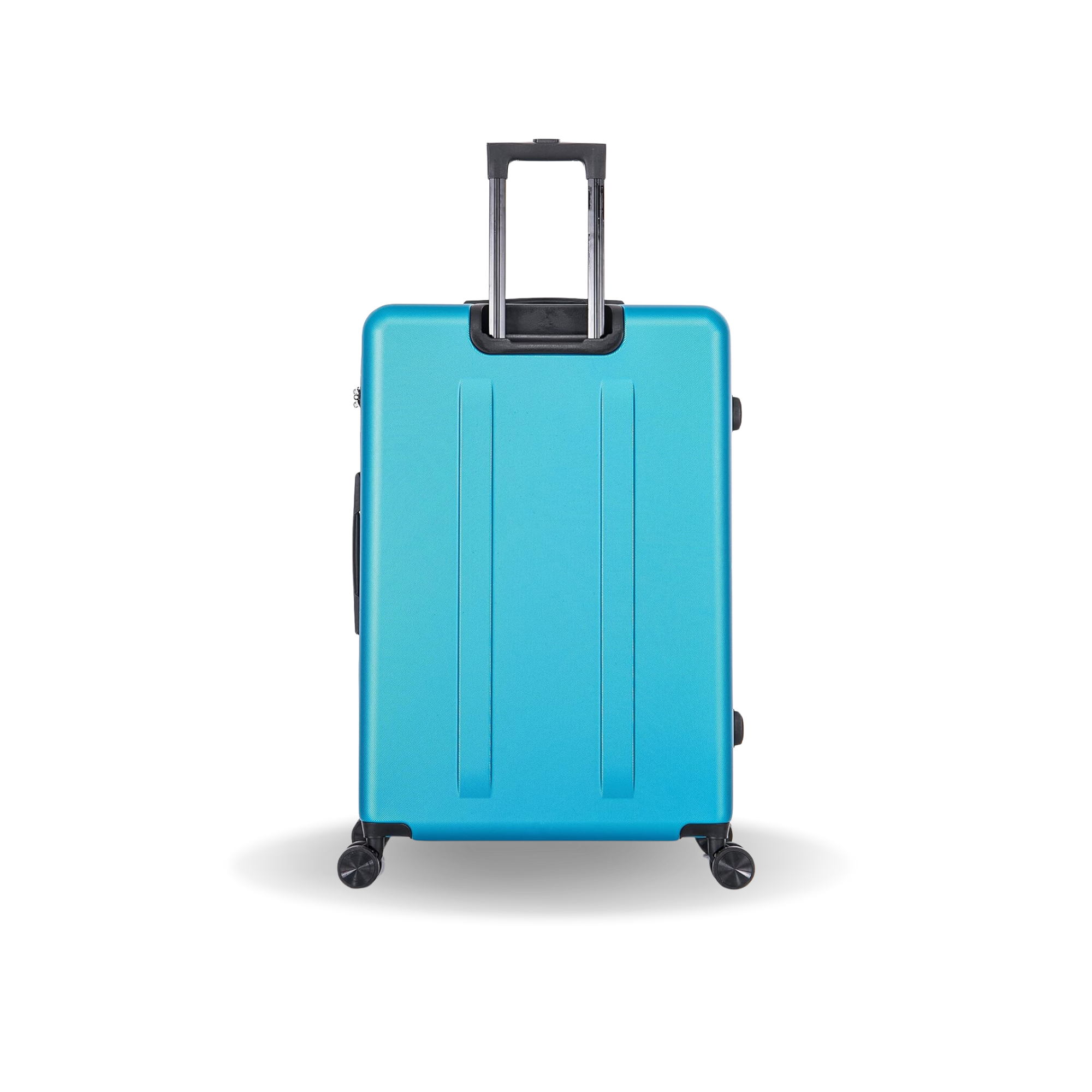 Blue suitcase with a black handle on a white background