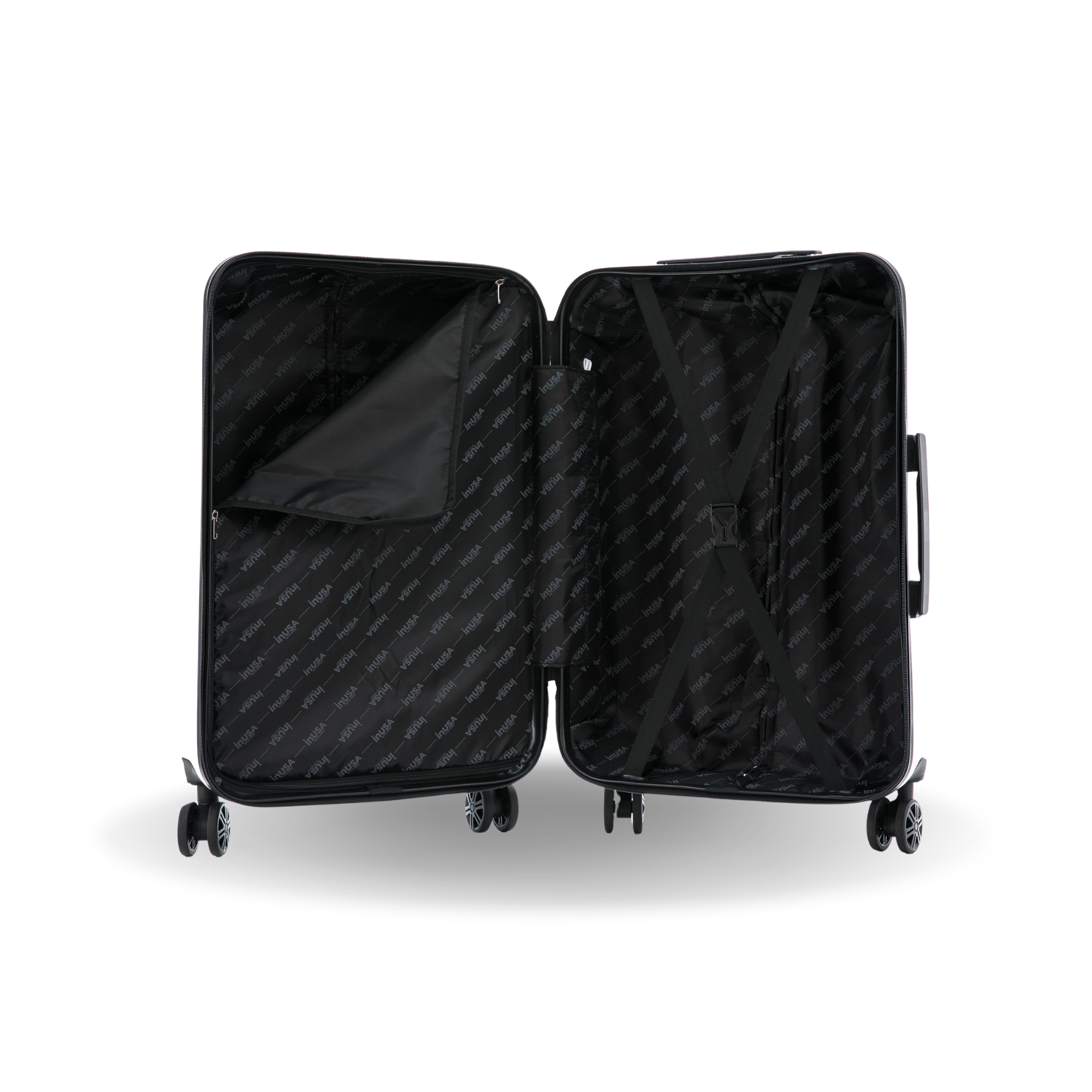Black suitcase with open lid on a white background