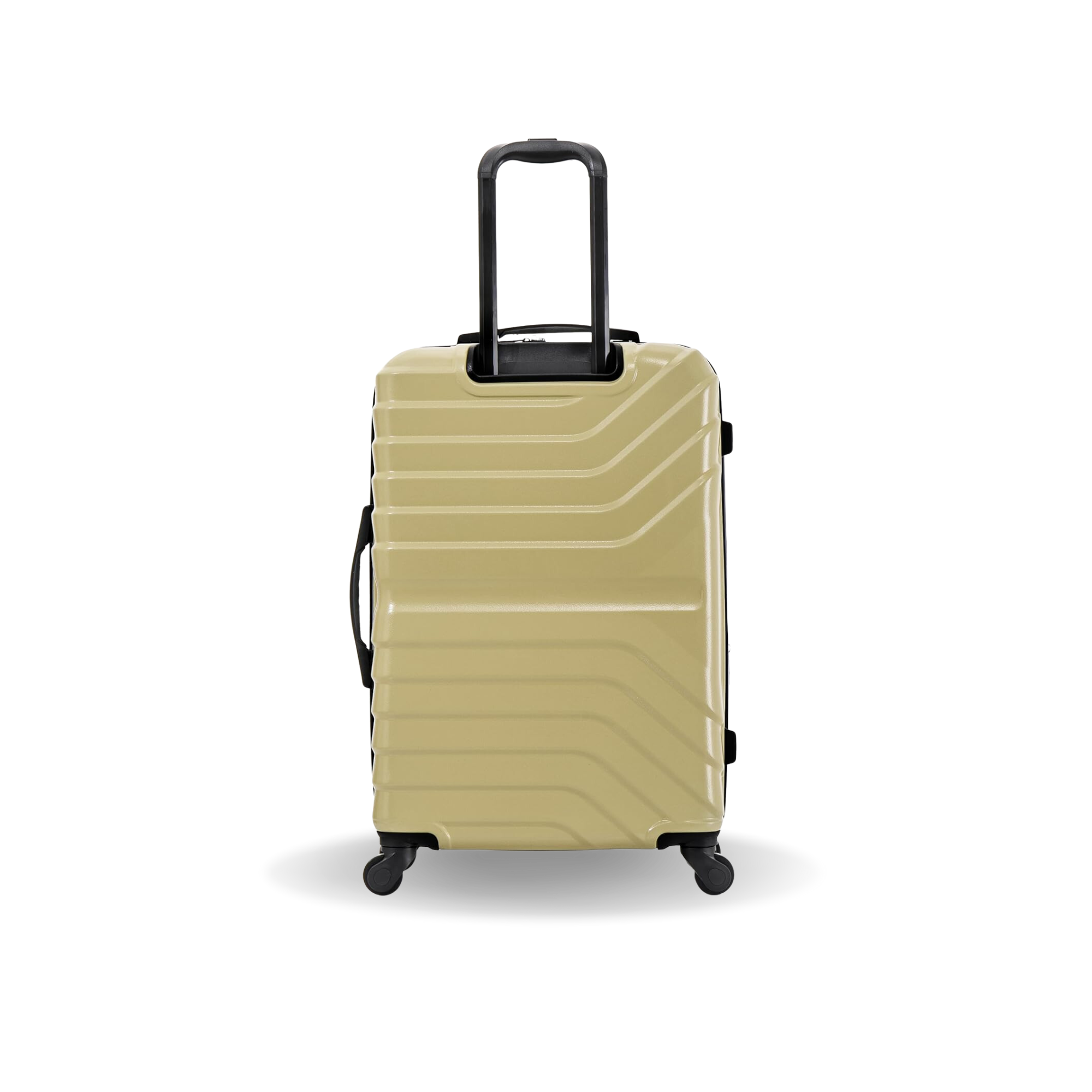 Beige suitcase with a black handle on a white background