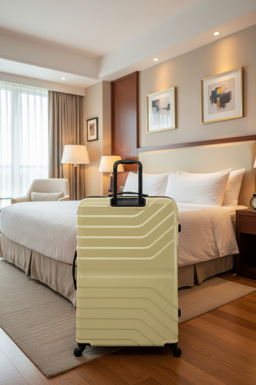 Beige suitcase with black handle and wheels on a white background