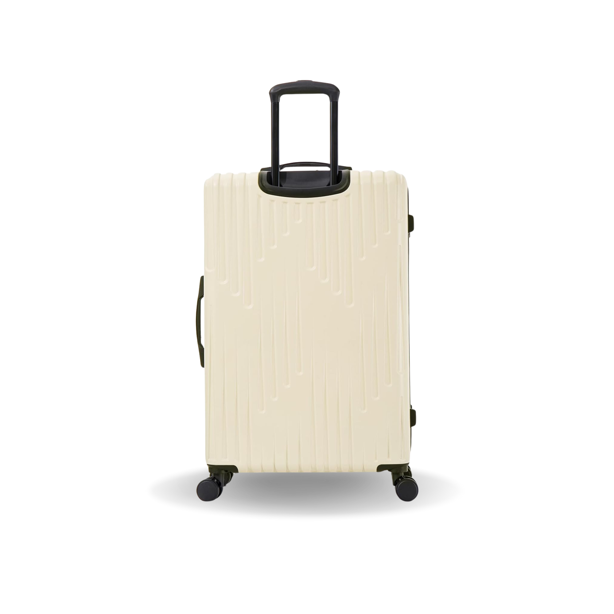 Beige suitcase with a black handle on a white background