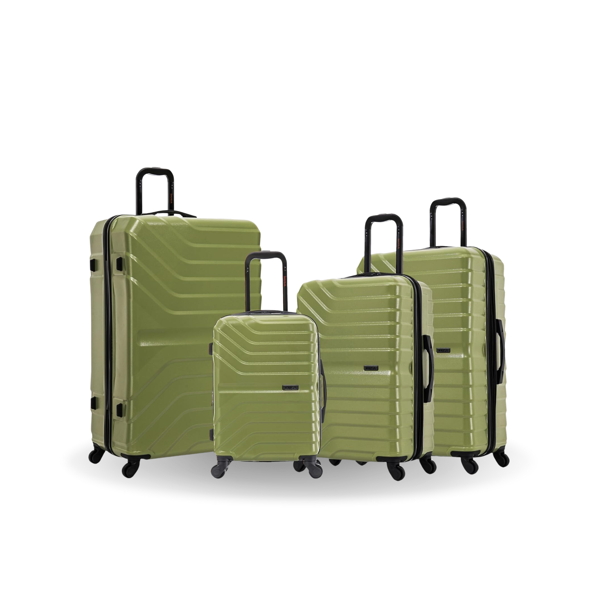 Set of four green suitcases of different sizes on a white background