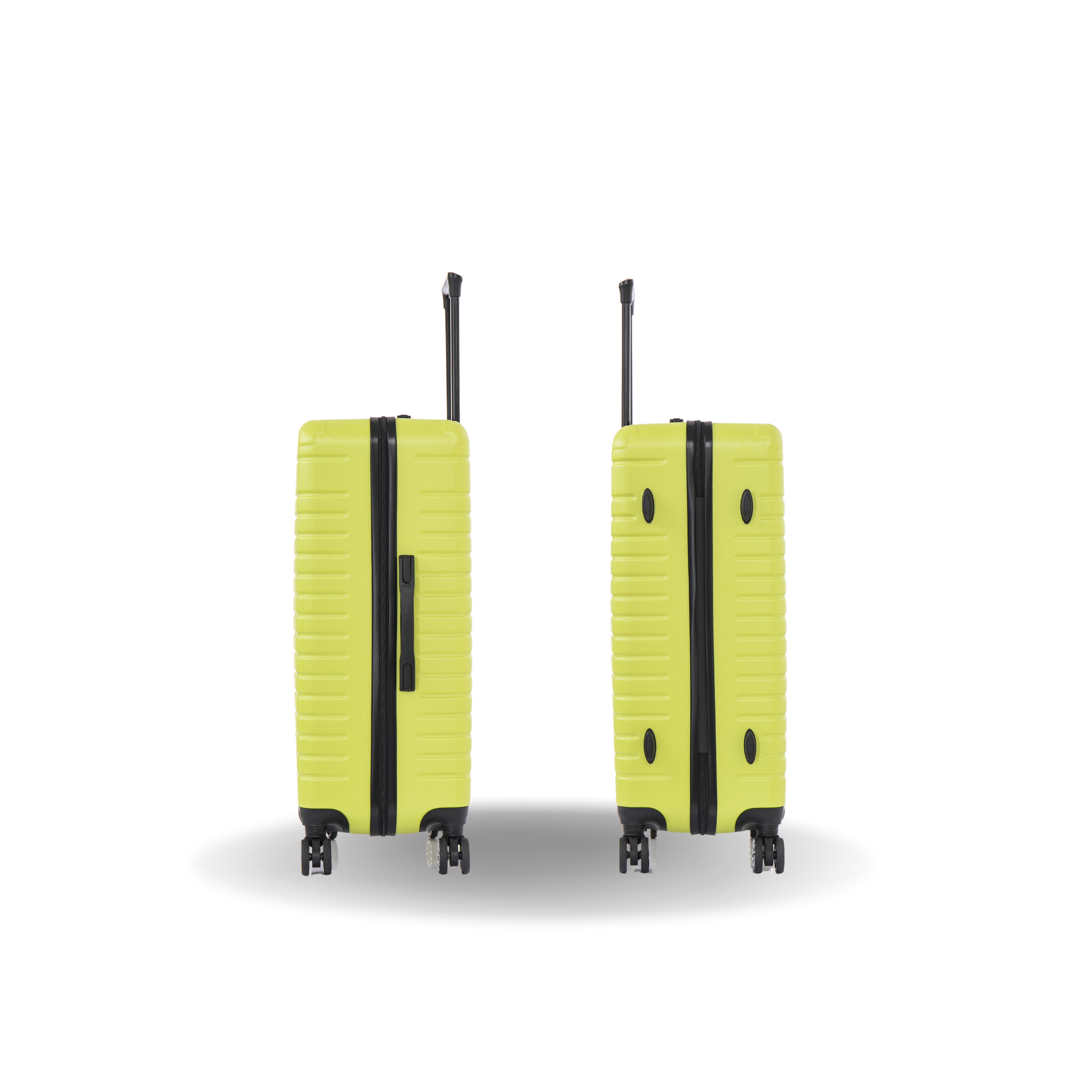 Two yellow suitcases with black handles and wheels on a white background