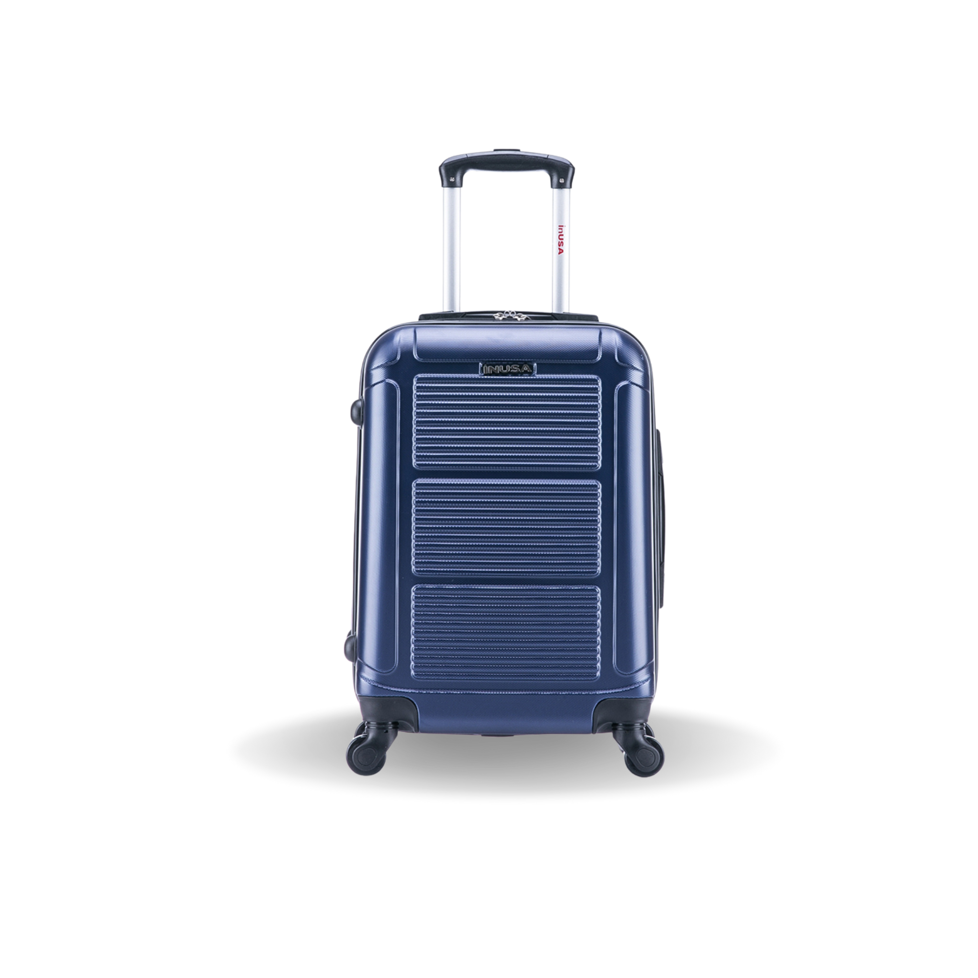 Blue suitcase with a visible brand logo on a white background