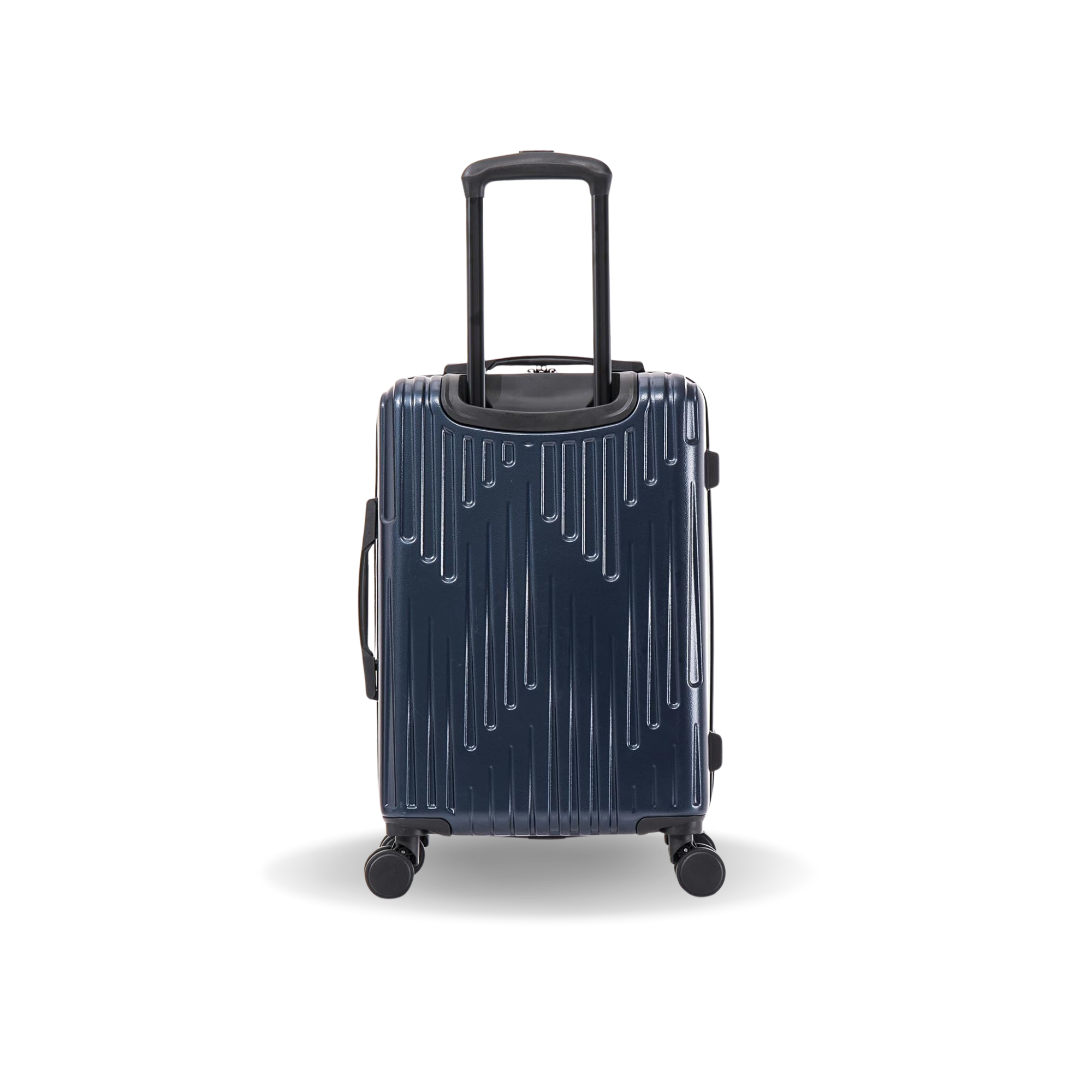 Navy blue suitcase with a textured surface on a white background
