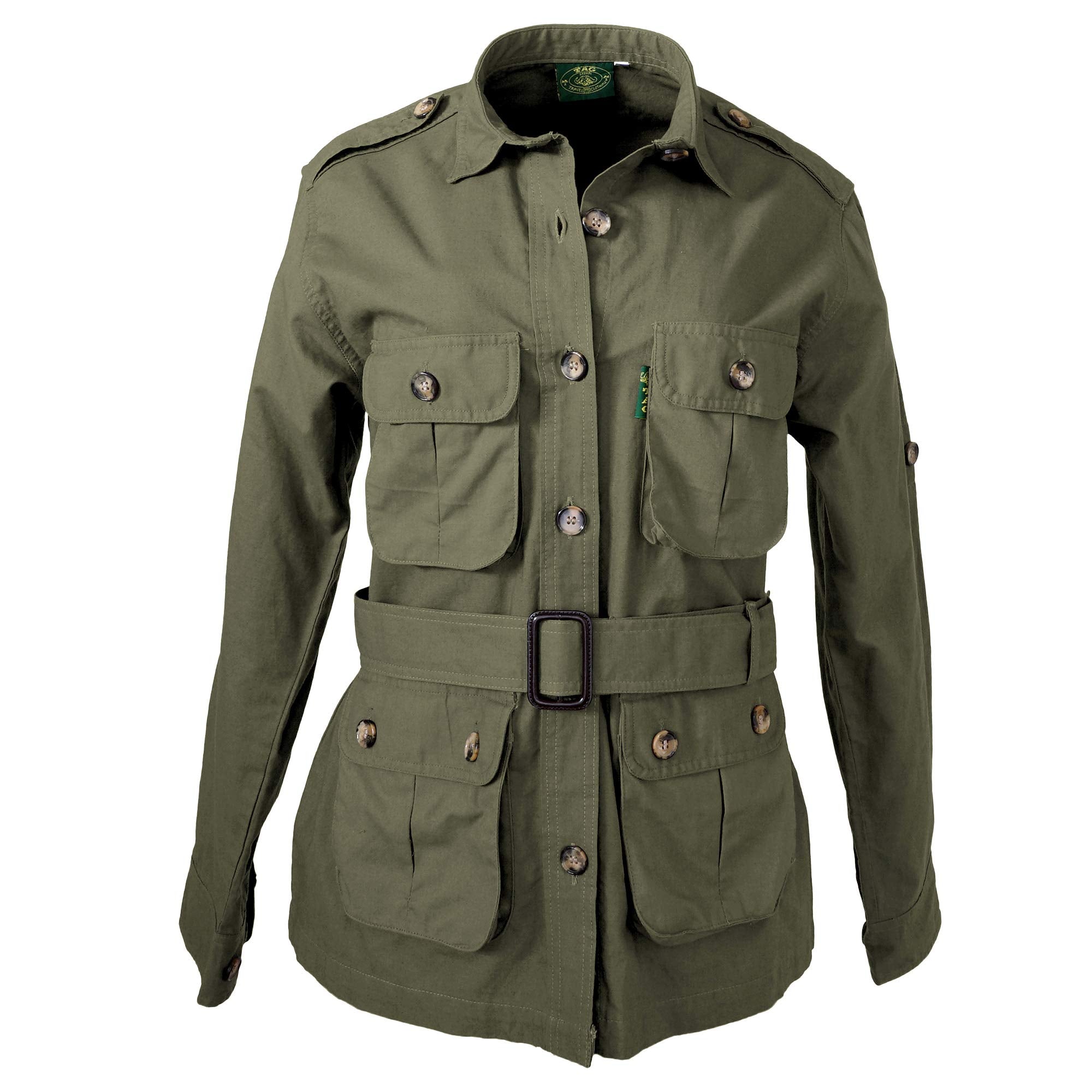 Green jacket with multiple pockets and a belt on a white background