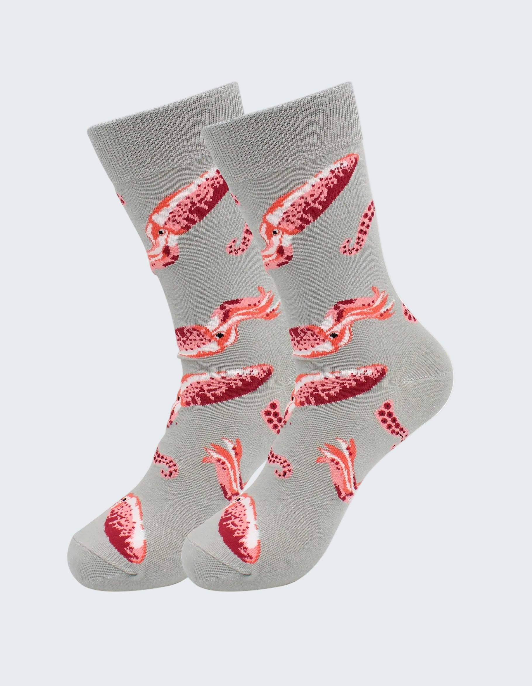 Gray socks with red lobster pattern on a white background
