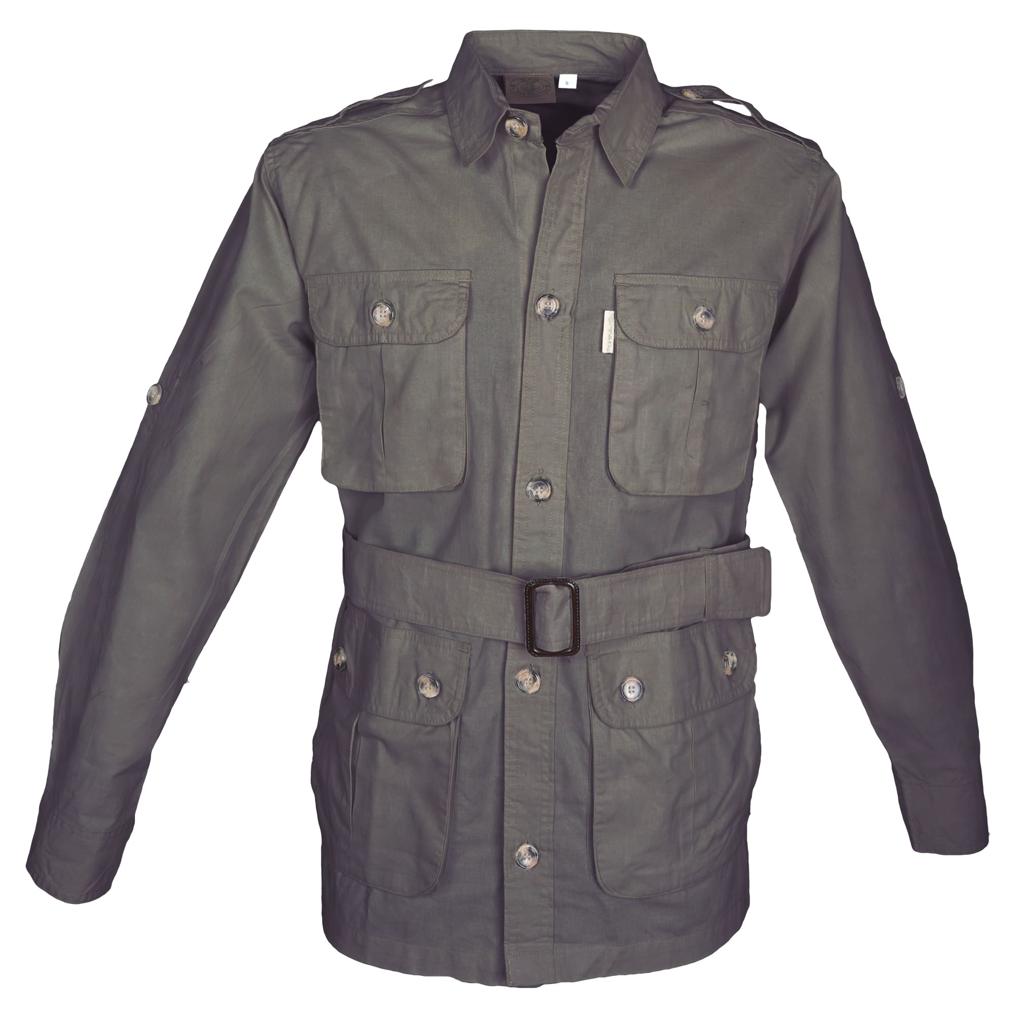 Green jacket with multiple pockets and a belt on a white background