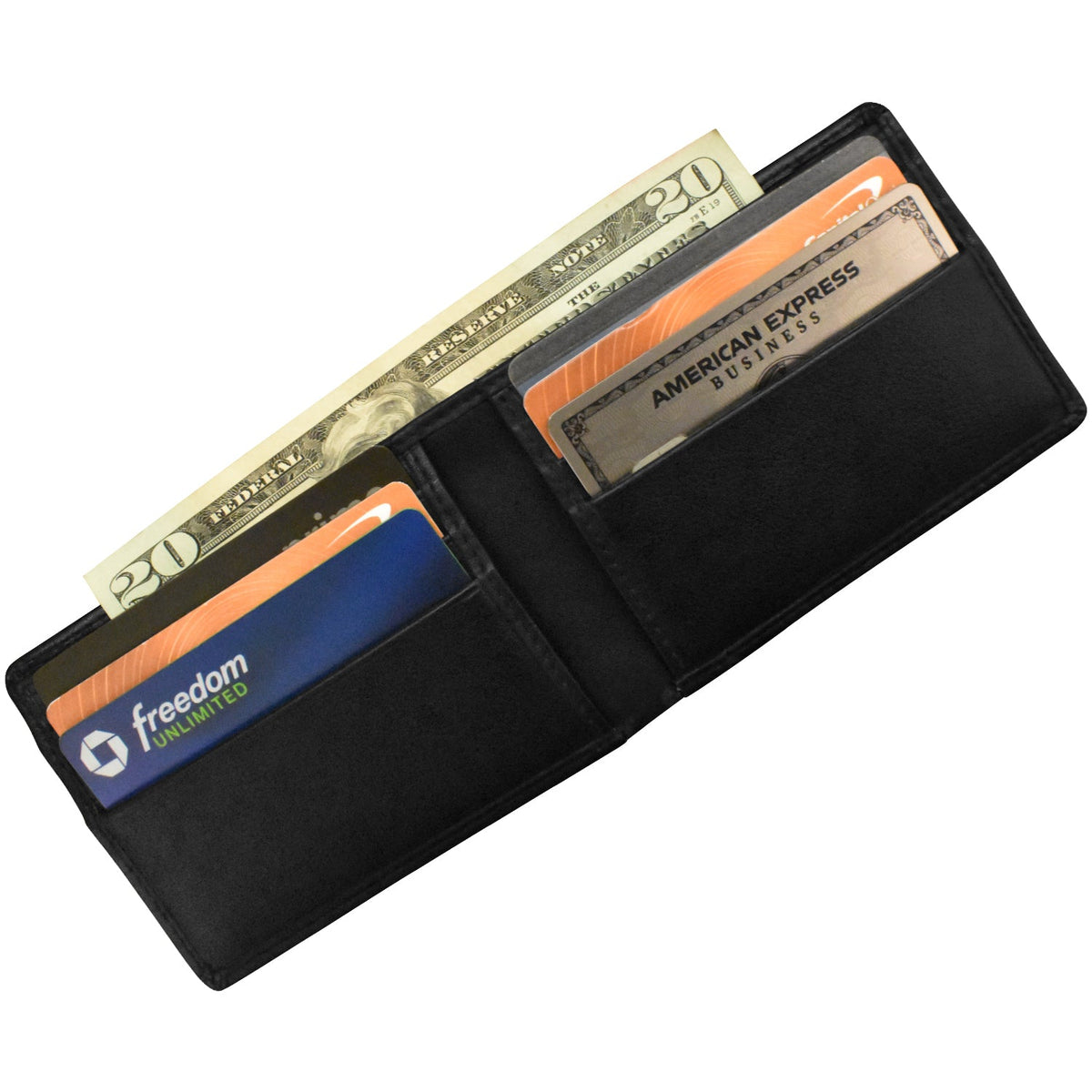 Black wallet with cards and money on a white background